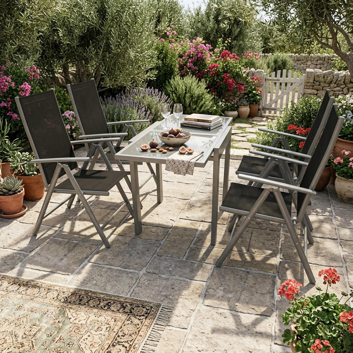 GARTEN-GARNITUR Ashford - 5-teilige Garten-Essgruppe (4x Klappsessel mit Armlehnen, 1x Auszieh-Tisch 65/130x65cm), Gestell Aluminium - Schwarz, Metall - TPFGarden