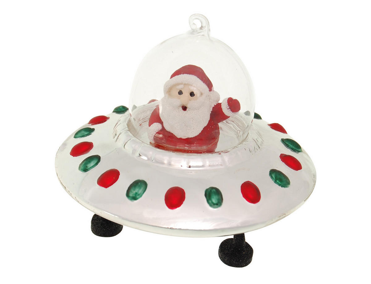 CHRISTBAUMSCHMUCK Santa im UFO Silberfarbig 10cm (Glas / 1 Stk.) - Silberfarben, Glas (11/10/11cm) - Krebs Glas Lauscha