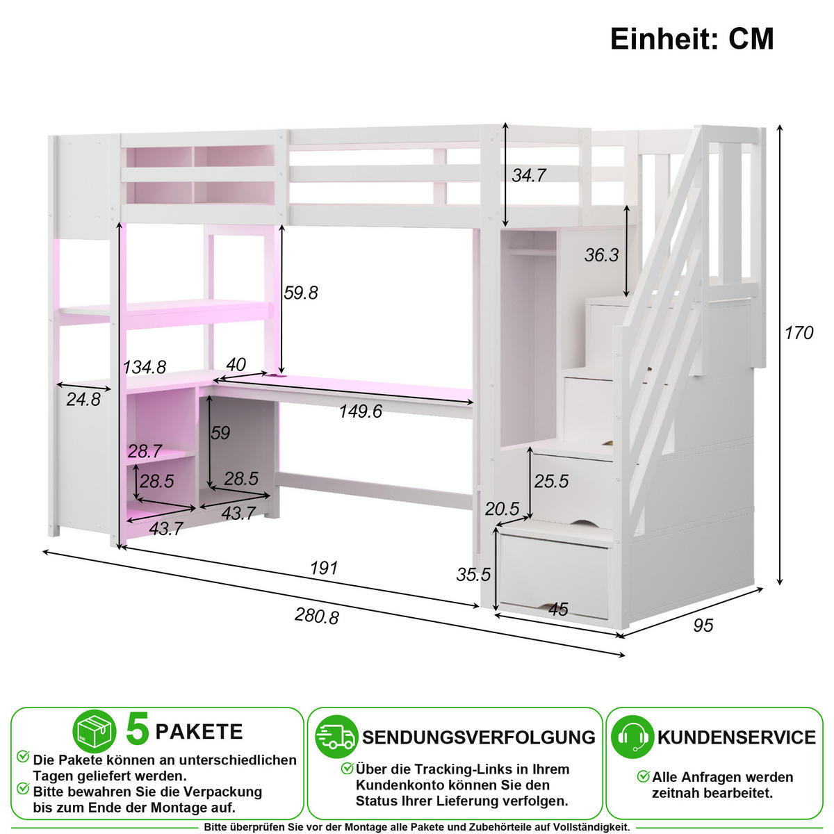 HOCHBETT 90/200 cm in Weiß mit Schreibtisch, Kleiderschrank, LED und Stauraum - Weiß, Holz/Holzwerkstoff (90/200cm) - CHICFURN