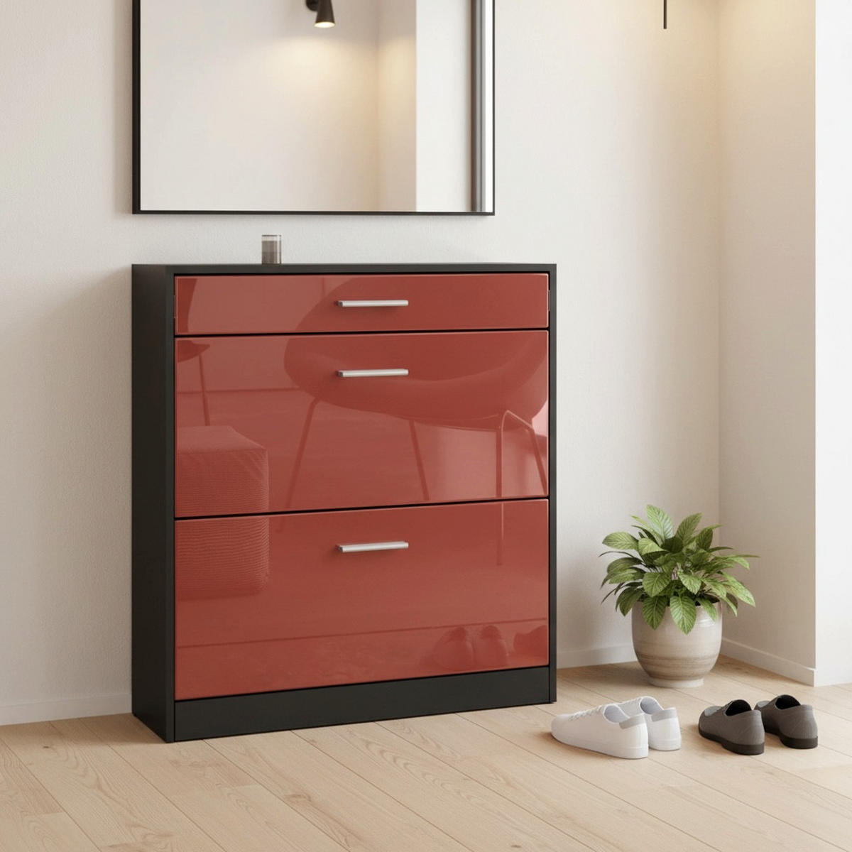 SCHUHSCHRANK Roma Schmal mit 2 Klappen und 1 Schublade, Platzsparender Schuhkipper, Schwarz/Bordeaux Hochglanz (89 x 95,5 x 23 cm) - Bordeaux, Holzwerkstoff (89/95.5/23cm) - InnoFurn