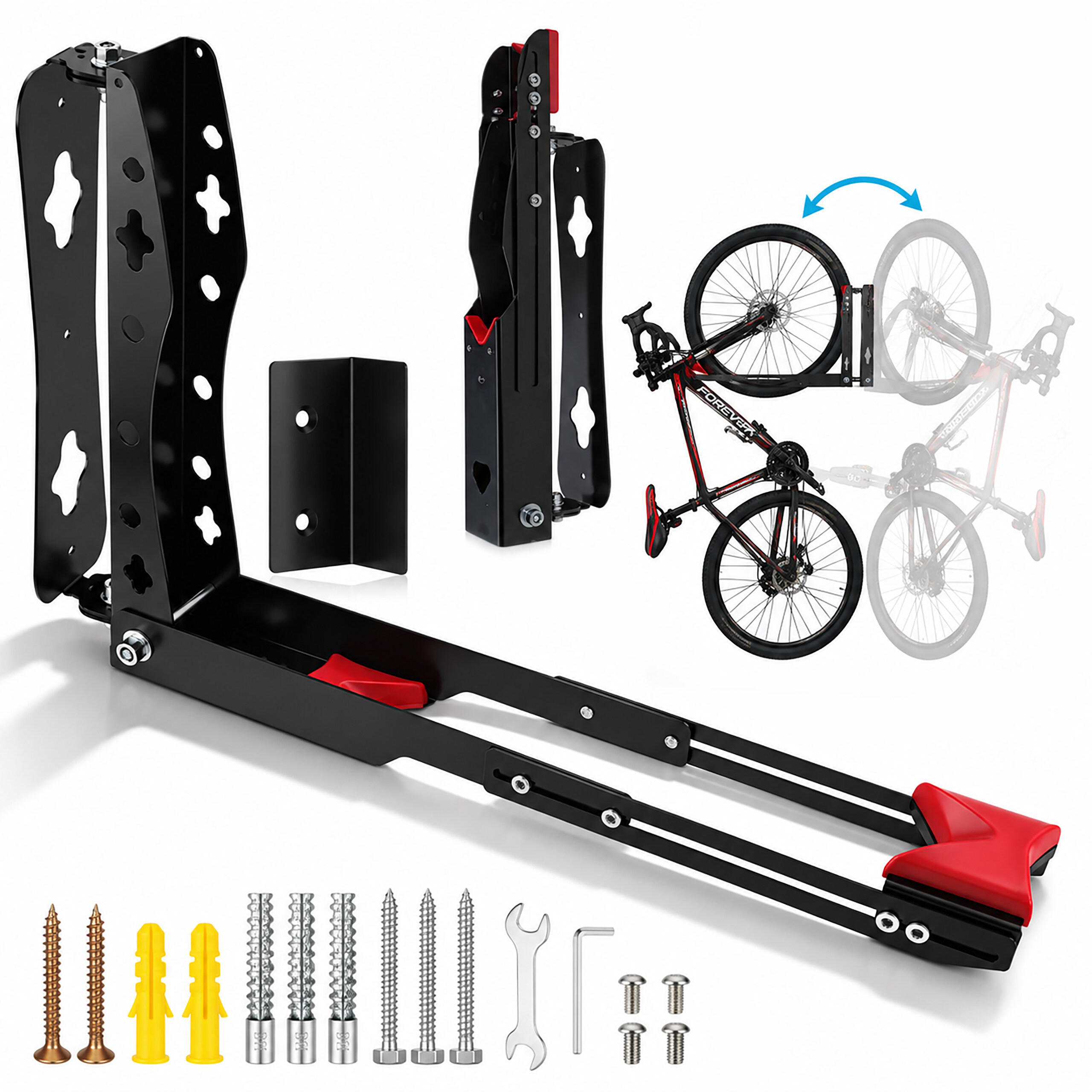 FAHRRAD-WANDHALTERUNG Schwarz Rot 1er-Set schwenkbar klappbar Roll-In-System 35 kg - Schwarz, Metall (6.5/39/65.5cm) - Relaxdays