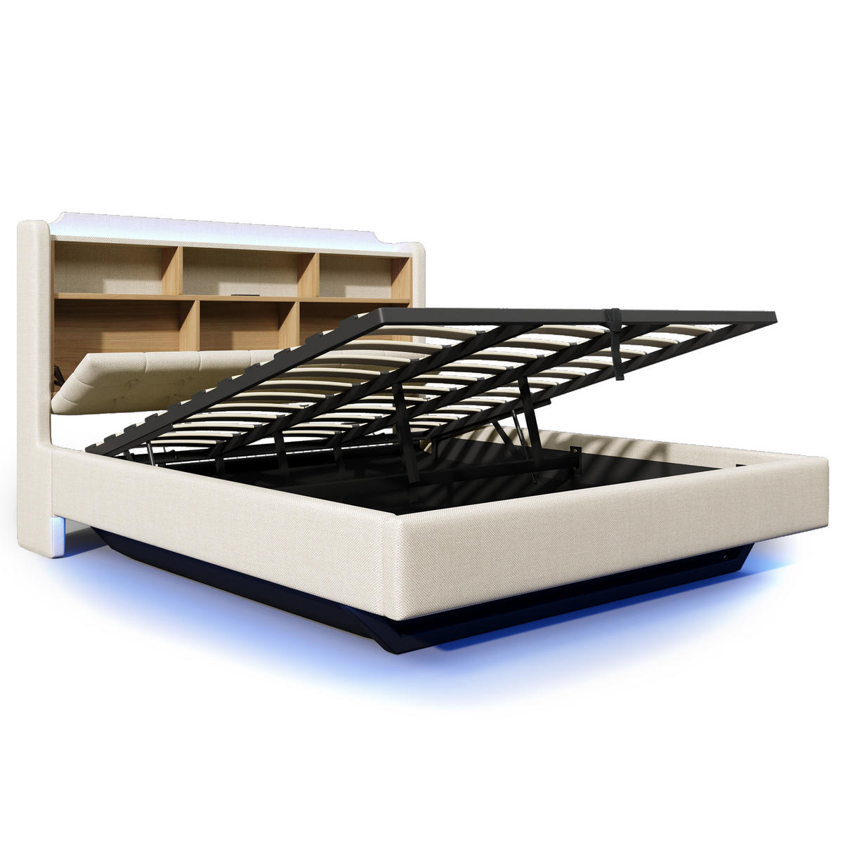 POLSTERBETT 180/200 cm Beige, mit Leinenstoff, LED-Licht und Stauraumfunktion - Beige, Textil