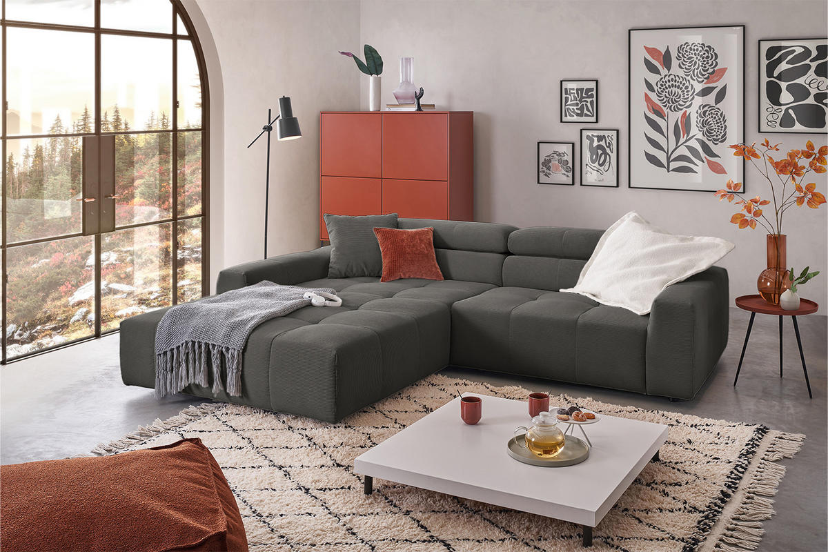 ECKSOFA MIT MOTORISCHEM SITZVORZUG RENO Anthrazit Cord - Anthrazit/Schwarz, Kunststoff/Textil (258/217cm) - KAWOLA