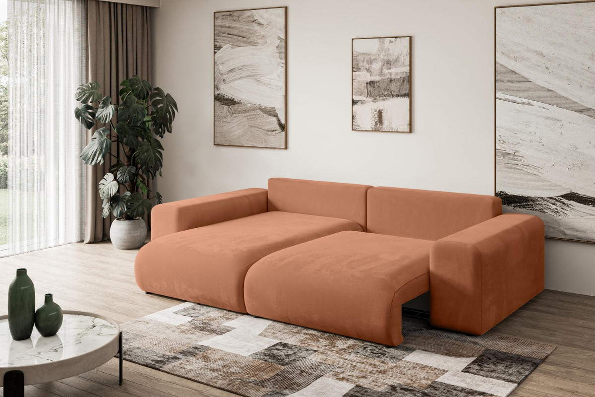 ECKSOFA mit Schlaffunktion und Bettkasten ESKAR-L 256x165x84cm Koralle Velours - Koralle/Schwarz, Holzwerkstoff/Kunststoff (165/256cm) - ALTDECOR