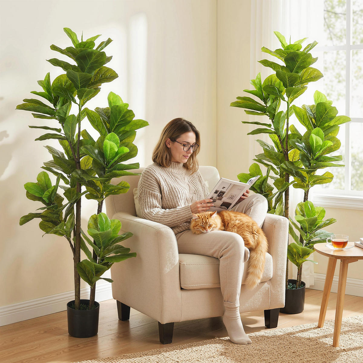 KUNSTPFLANZE 2er-Set DE-16648 150 cm, Geigenfeigen-Design Grün - Grün, Kunststoff (150cm) - ComfortXL