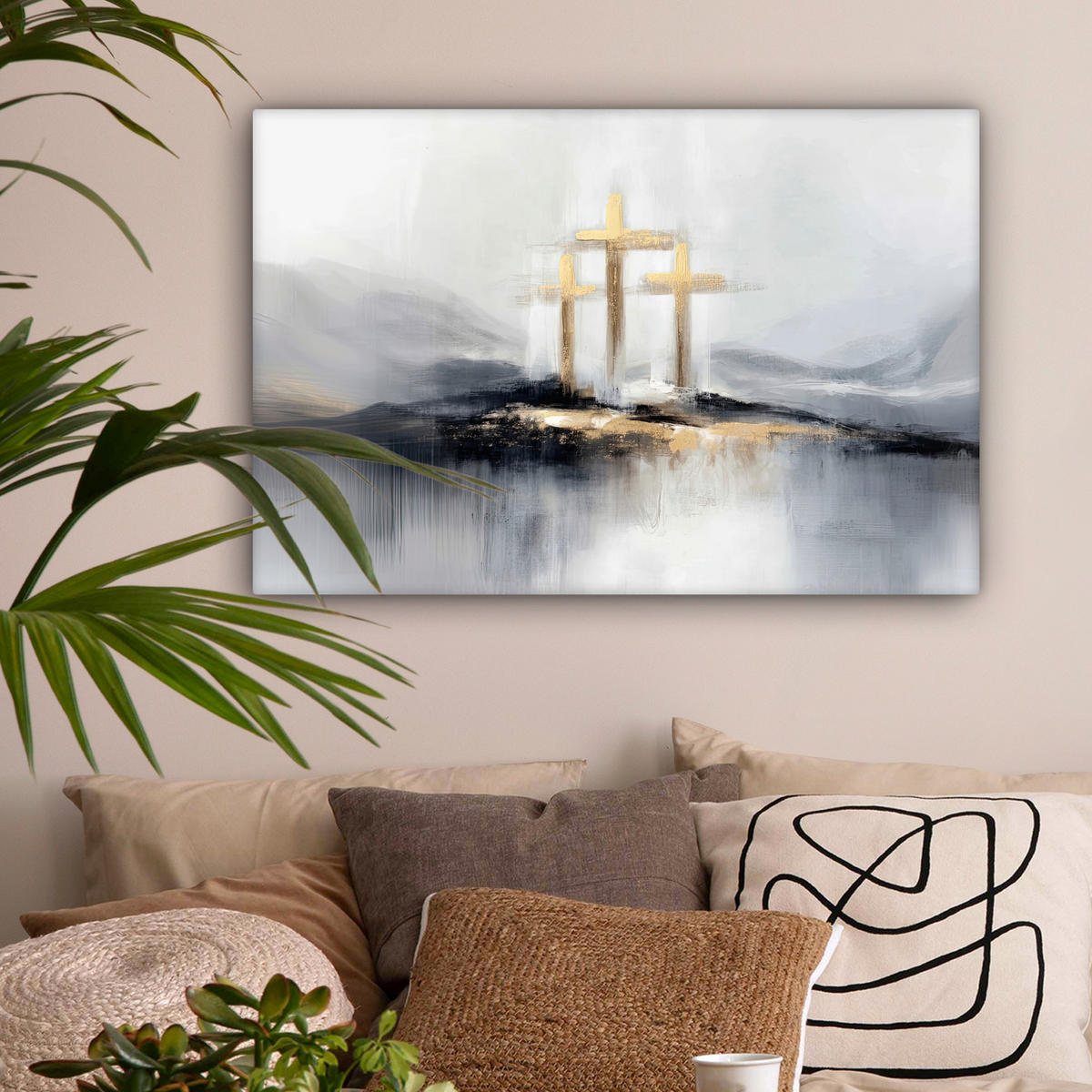 LEINWANDBILD Abstrakt - Malerei - Christentum - Kreuz Wanddeko 90x60 cm - Weiß, Textil (90/60cm) - MuchoWow