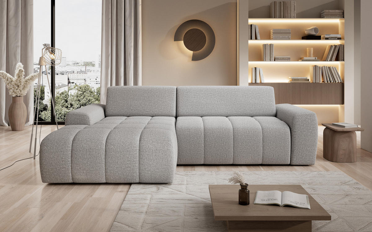 ECKSOFA Savio Freistehend, Mit Abriebfestem Kansas-Stoff, Maße 265x172x81cm, Ausziehbare Sitzfläche 206x92cm, Linke, Esche - Silberfarben, Holz/Textil (172/265cm) - DomoHome