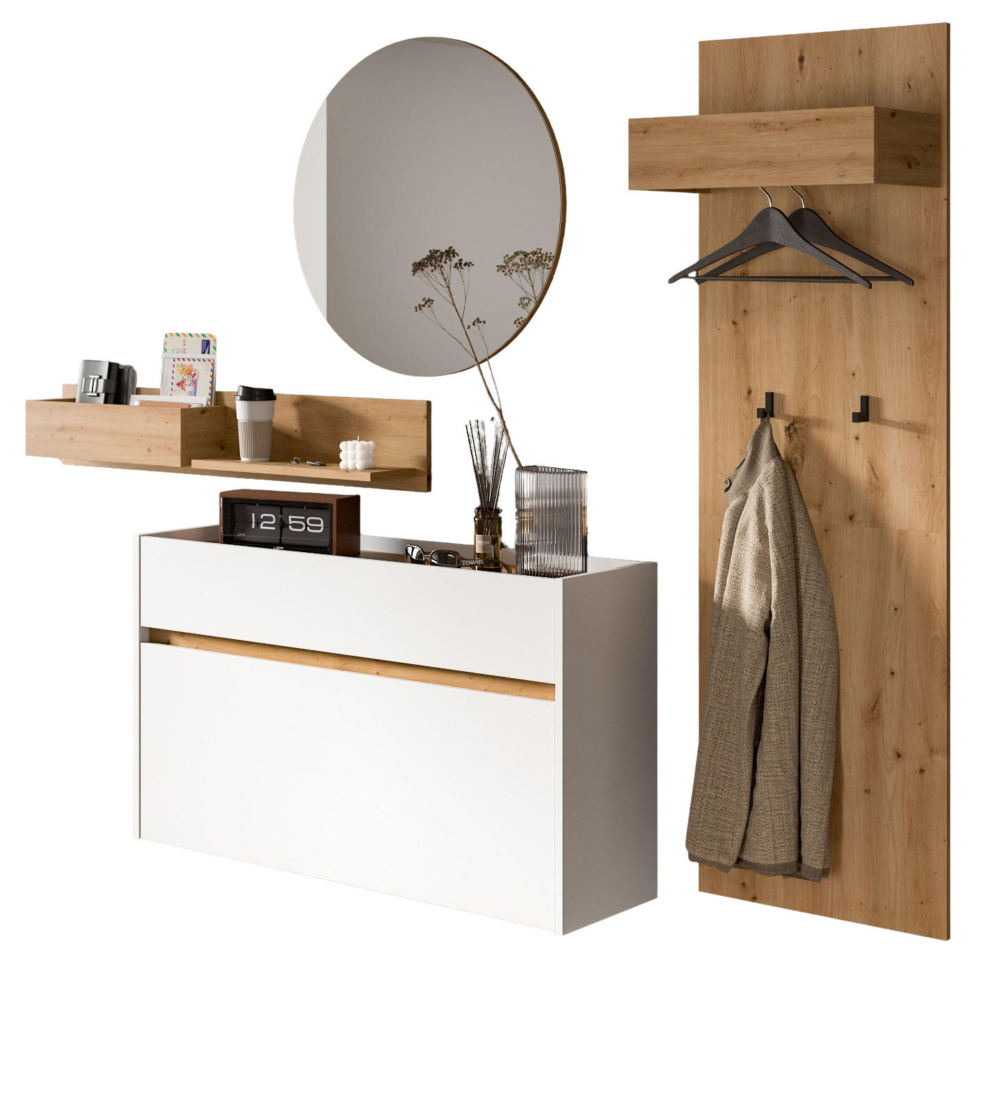 GARDEROBEN-SET weiß, Eiche Artisan 205 cm 4-teilig, Garderobenschränke hängend - Weiß/Eiche Artisan, Glas/Holzwerkstoff (205/197/32cm) - Inn.Furn