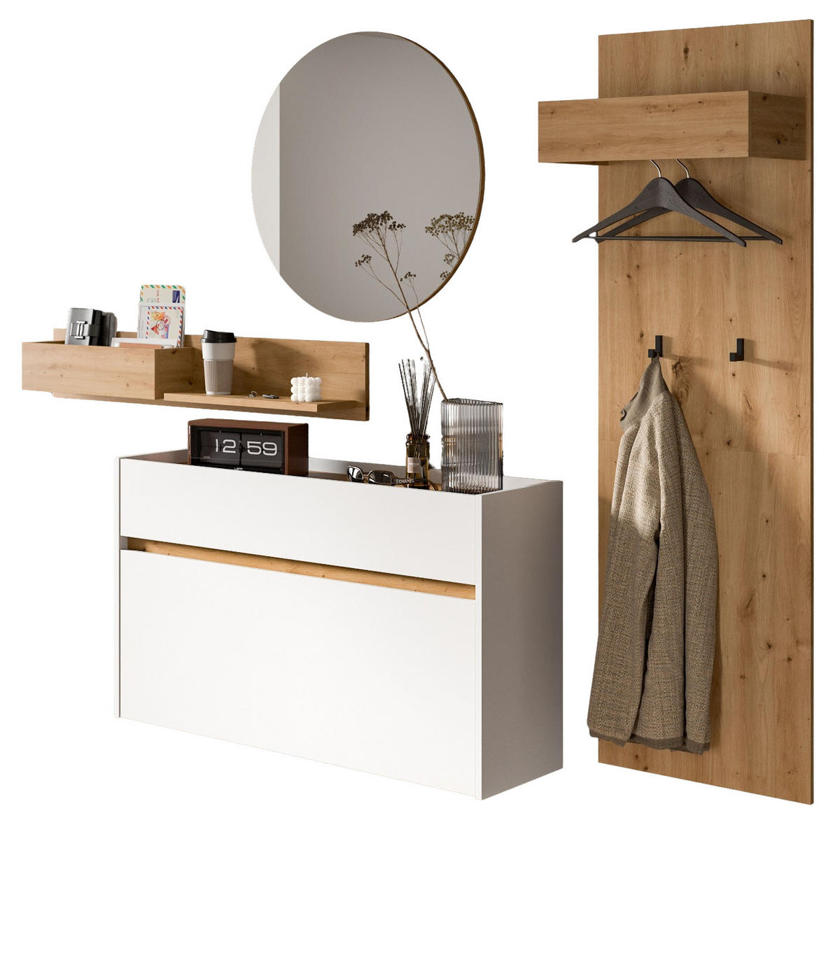 GARDEROBEN-SET weiß, Eiche Artisan 205 cm 4-teilig, Garderobenschränke hängend - Weiß/Eiche Artisan, Glas/Holzwerkstoff (205/197/32cm) - Inn.Furn