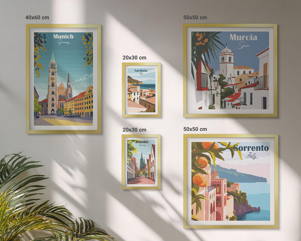 WANDBILDER 5er Set - 50x50 cm & 20x30 cm & 40x60 cm Goldrahmen - Retro-Stadtillustrationen - Goldfarben, Kunststoff (40/60cm) - ArtPrintCave