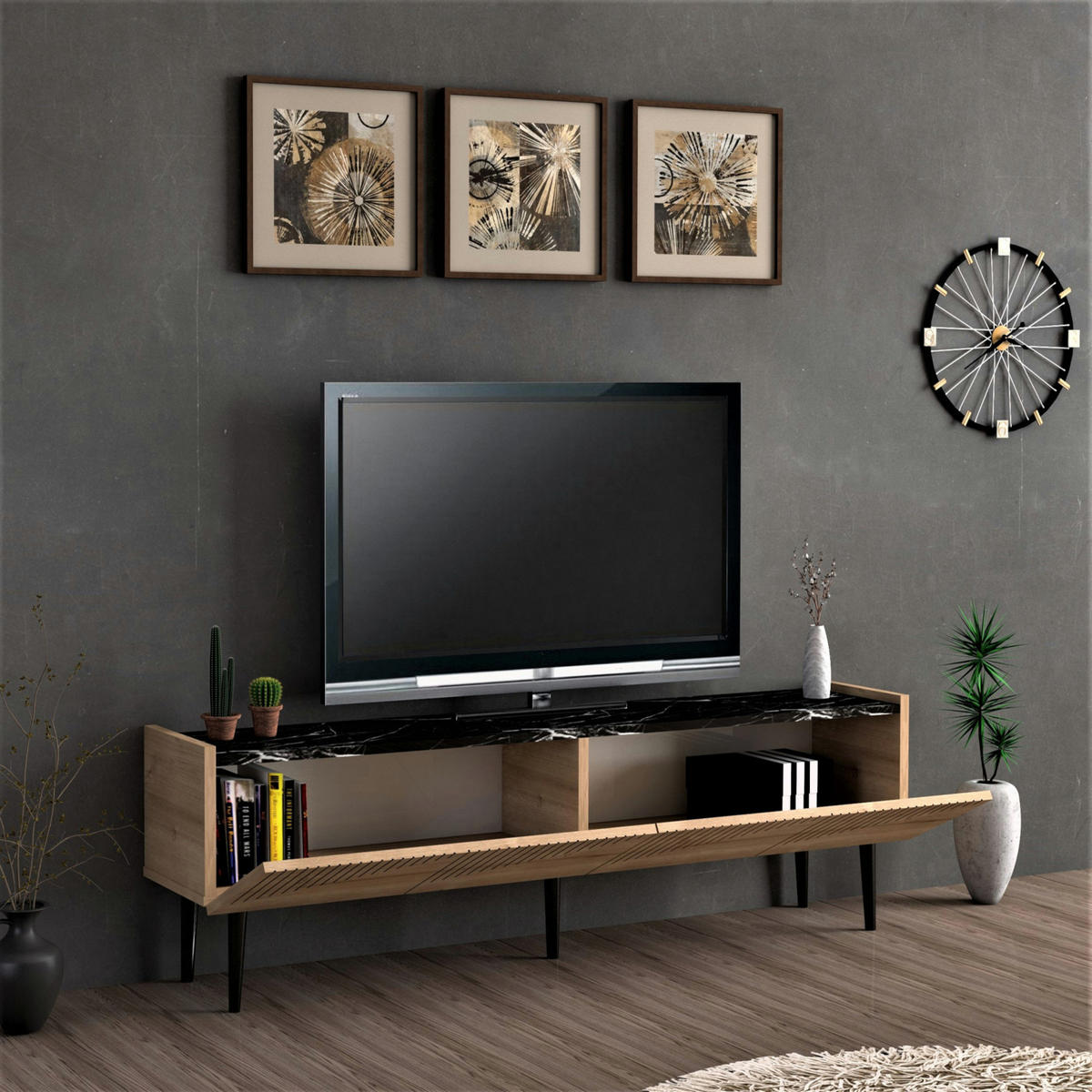 FERNSEHTISCH Oppdal - Eichefarben/Schwarz, Holzwerkstoff/Kunststoff (154/45/37cm) - [en.casa]