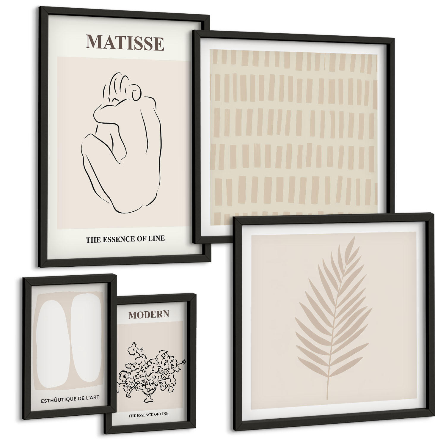 BILDER SET 5er Set - 50x50 cm & 20x30 cm & 40x60 cm Schwarzer Rahmen - Linien, Formen, Beige, Weiß - Schwarz, Kunststoff (40/60cm) - TULUP
