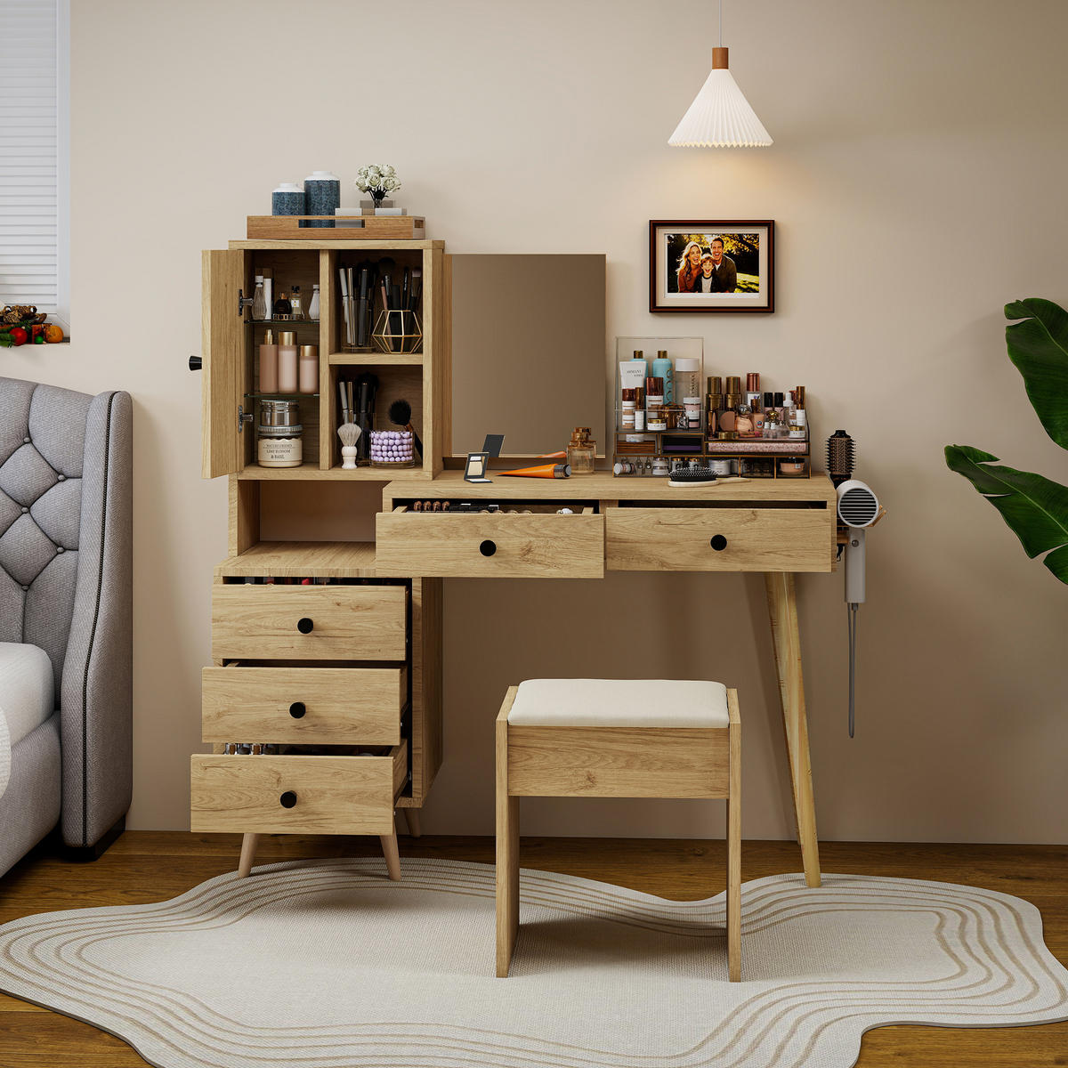SCHMINKTISCH Set mit Spiegel und Hocker, Frisiertisch ausziehbar, Kosmetiktisch skandinavisch, 84x40x120 cm - Eichefarben/Beige, Glas/Holzwerkstoff (84/120/40cm) - LVHOM
