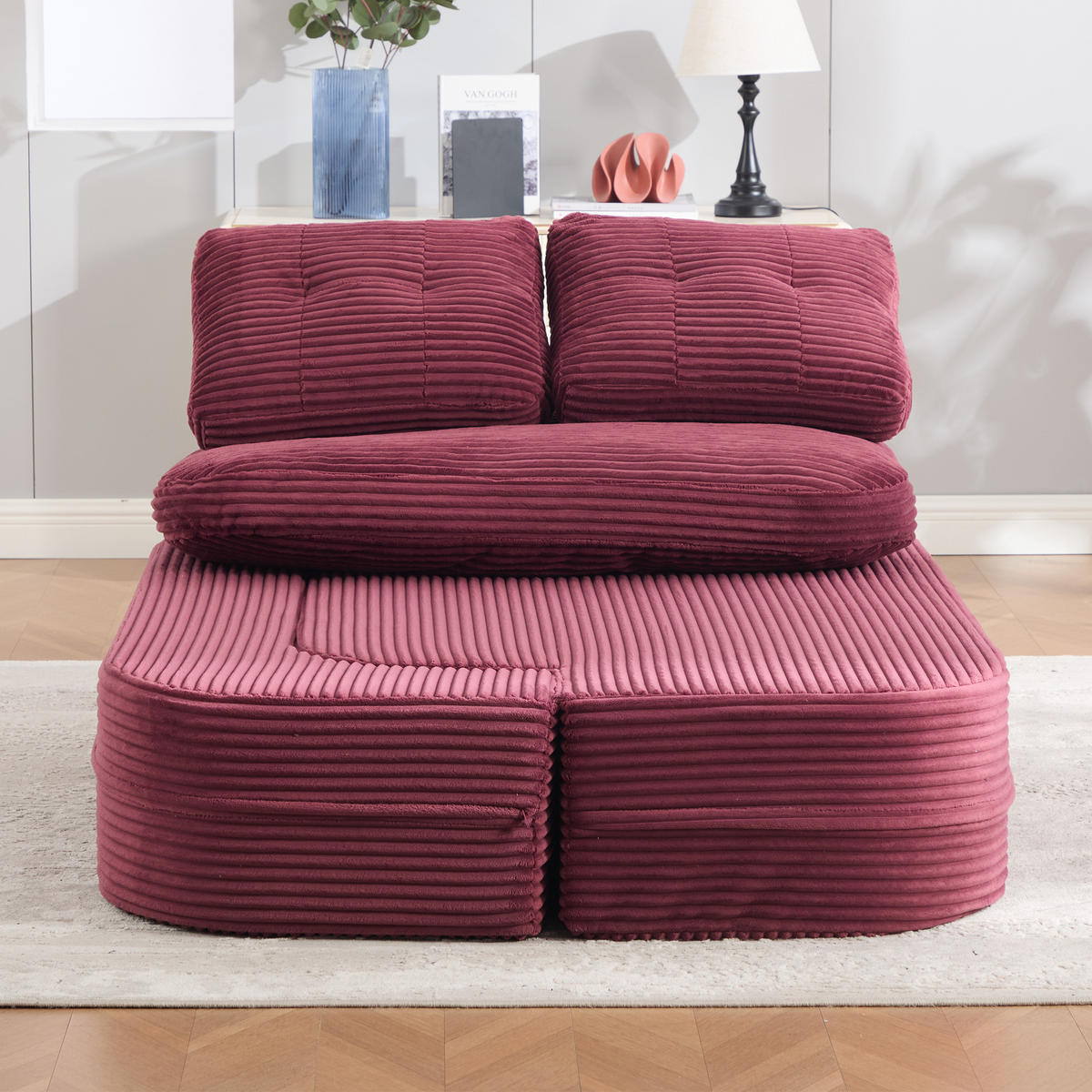 SOFA mit Liegefunktion und Getränkehaltern aus Cord in Weinrot - Weinrot, Textil (165/61/97cm) - EVRYAE