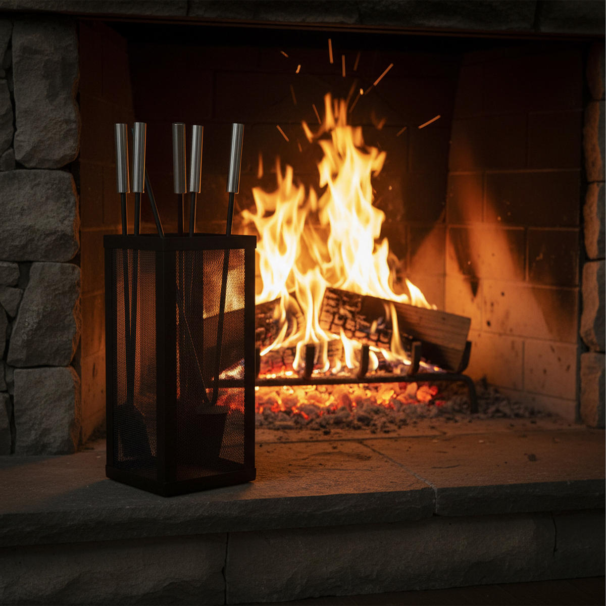 5-TLG.KAMINBESTECK-SET - Schwarz, Metall (16/35/16cm) - Relaxdays