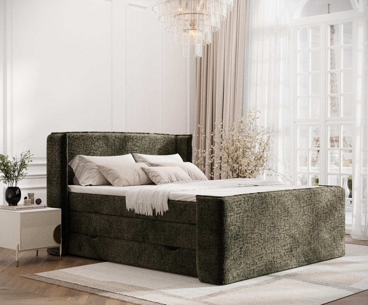 BOXSPRINGBETT Freeland Olivenfarbe 180/200 cm mit Matratze und Topper - Schwarz/Olivgrün, Holz/Holzwerkstoff (180/200cm) - Maison de Reve