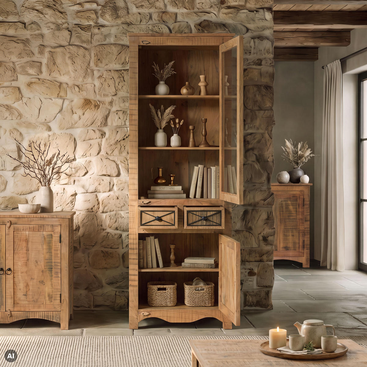 VITRINE Akazie 73x45x200 natur versiegelt NATURE OF SPIRIT #315 - Naturfarben, Holz (73/200/45cm) - Massivmoebel24