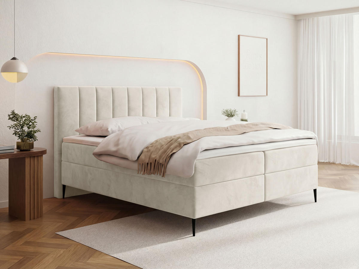 BOXBETT Allen mit Bettkasten, Samt Creme 160x200 cm – inkl. H4 Taschenfederkern Matratze & Foam Topper - Beige/Creme, Holzwerkstoff/Metall (160/200cm) - WFL GROUP