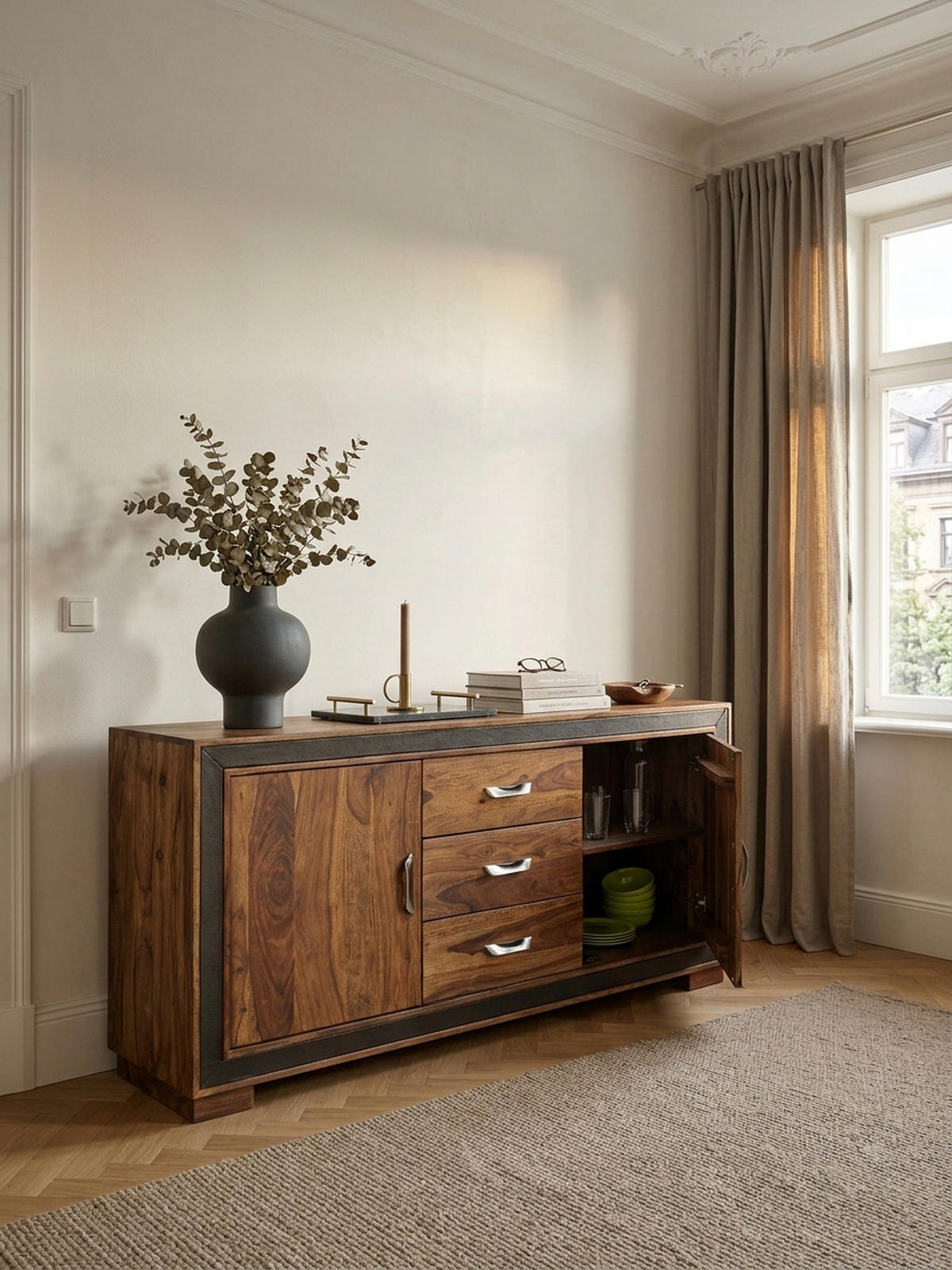 SIDEBOARD – Massivholz, Kunstleder, 160x44x80 cm, rustikal - Braun, Holz (160/80/44cm) - KADIMA DESIGN