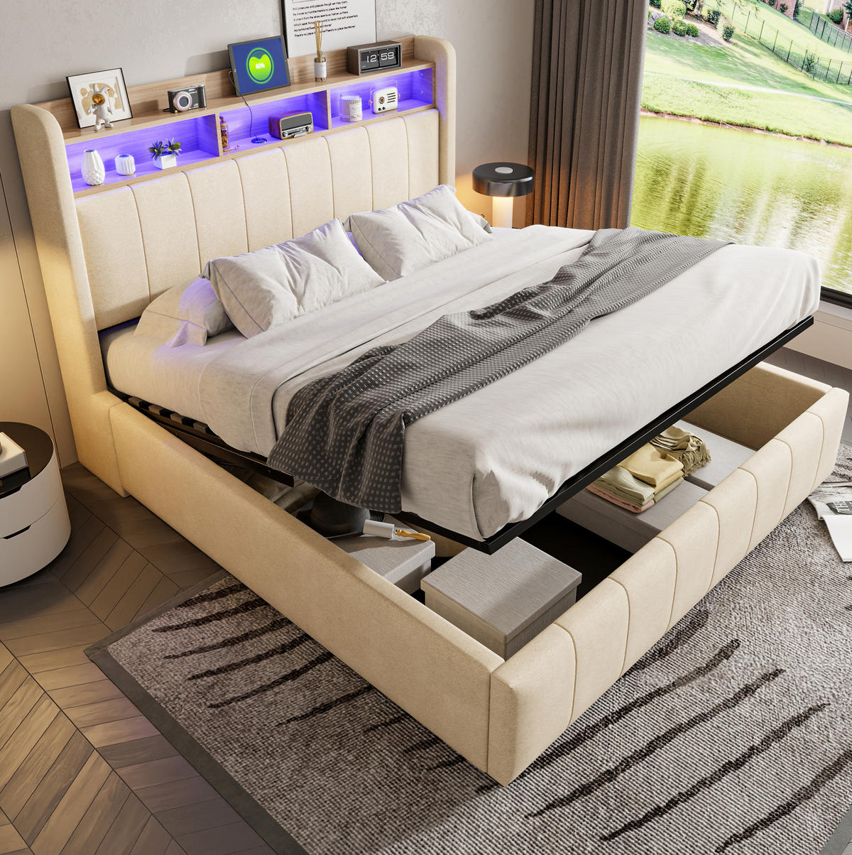 ČALÚNENÁ posteľ 160/200 cm s farebne meniteľným LED osvetlením, USB-C nabíjaním a hydraulickým úložným priestorom, Béžová - béžová, textil (160/200cm) - Redom