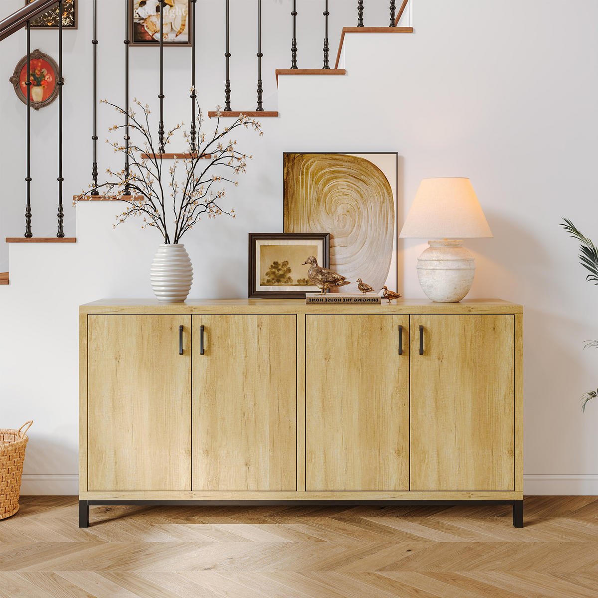 SIDEBOARD 160x35x80 cm Holzoptik 4 Türen Metallfüße - Naturfarben, Holz (160/80/35cm) - LEBENLANG