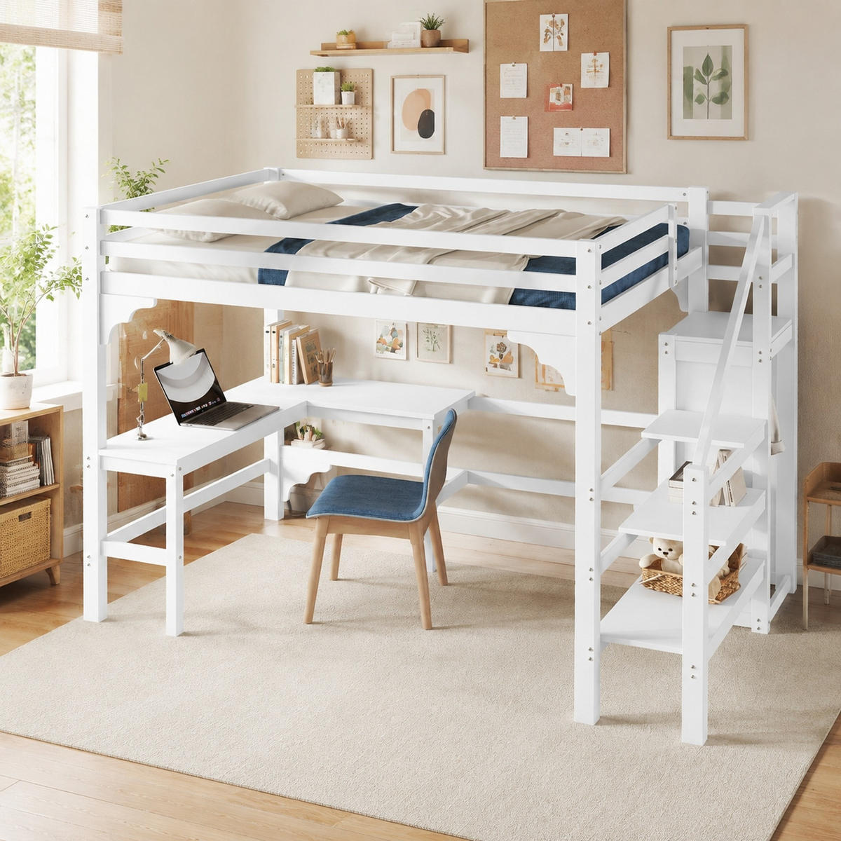HOCHBETT 140/200 mit L-Schreibtisch, Kleiderschrank und Stauraumtreppe in Weiß - Weiß, Holz (140/200cm) - EVRYAE