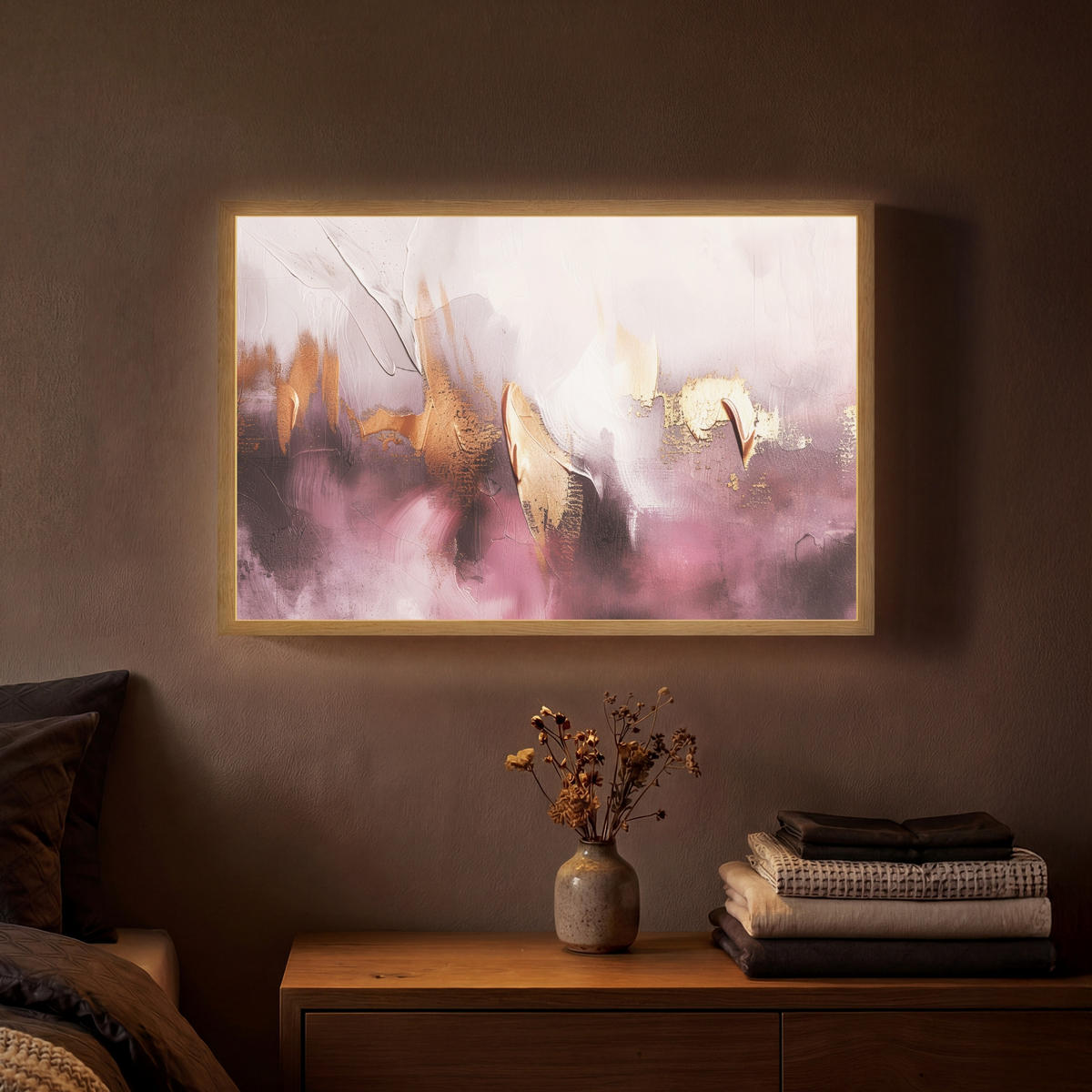 NÁSTĚNNÁ LAMPA S AKUMULÁTOREM Fialová - abstraktní - barva - zlatá 60x40 cm - světle fialová, kompozitní dřevo (60/40/8cm) - OnlyWow