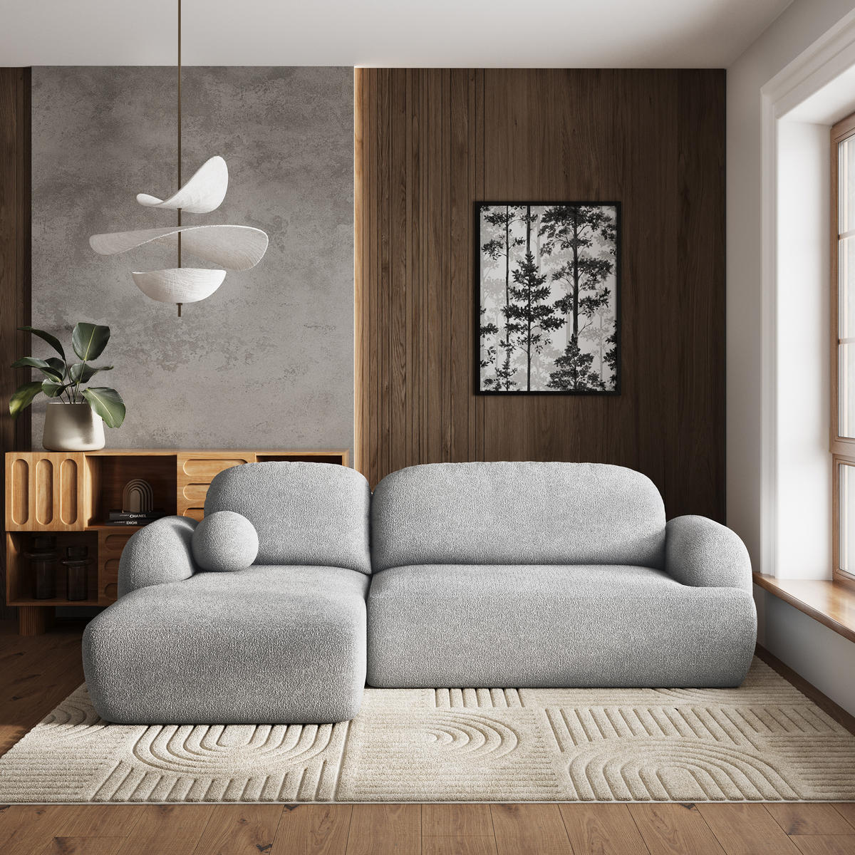 ECKSOFA MODENZA N L-S Hellgrau Boucle-Stoff mit Schlaffunktion - Hellgrau/Schwarz, Holz/Kunststoff (266/148cm) - MASSENO