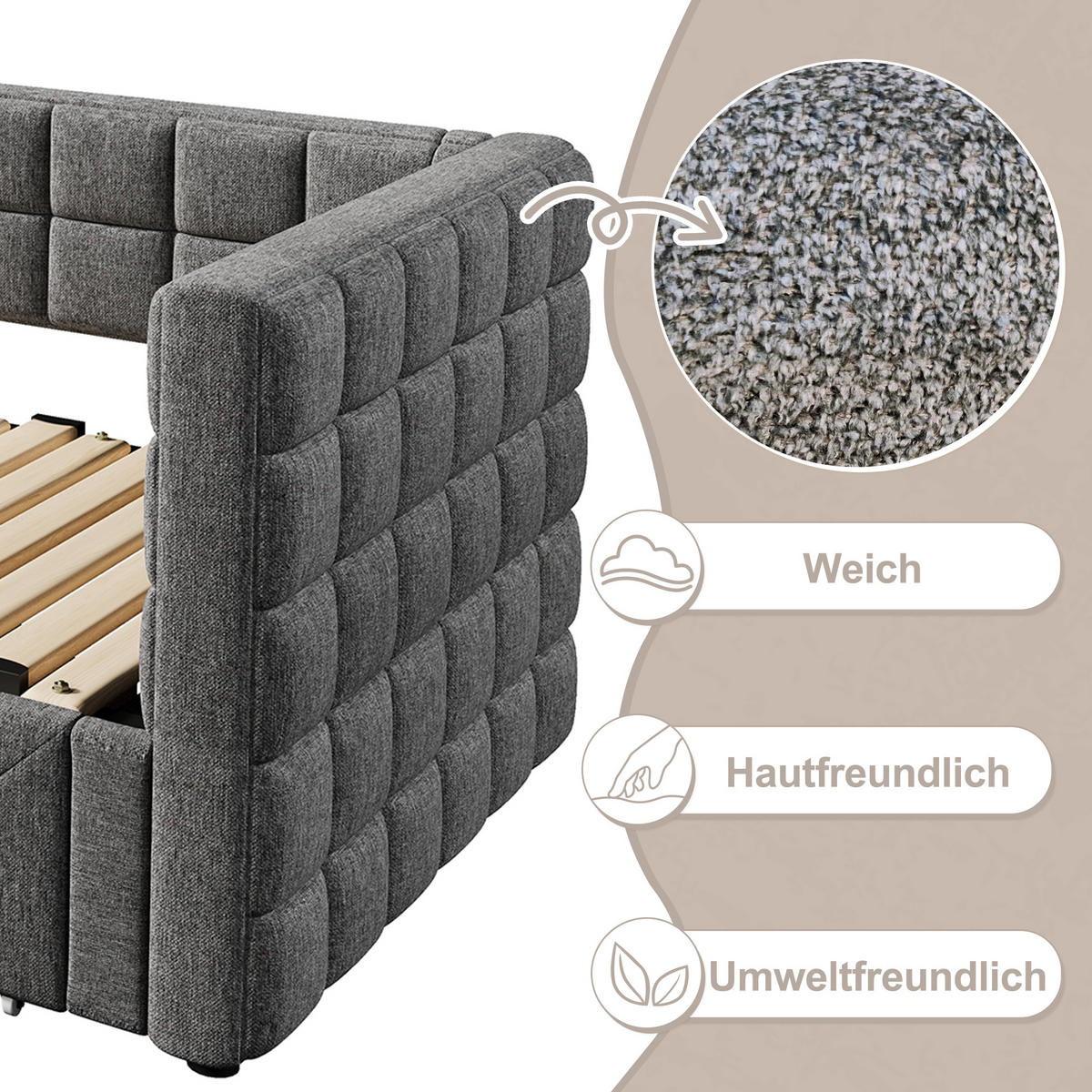 TAGEBETT 90x200cm Grau quadratische Rückenlehne Ausziehbett 2 Schubladen - Grau, Holz (90/200cm) - FLIEKS