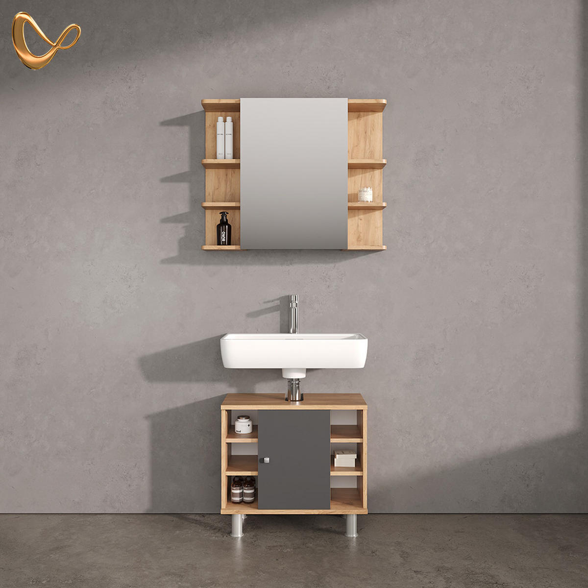 BADMÖBEL-SET Fucino Eiche 2 Teile - Eichefarben/Anthrazit, Holzwerkstoff (79/64/21cm) - Livinity®