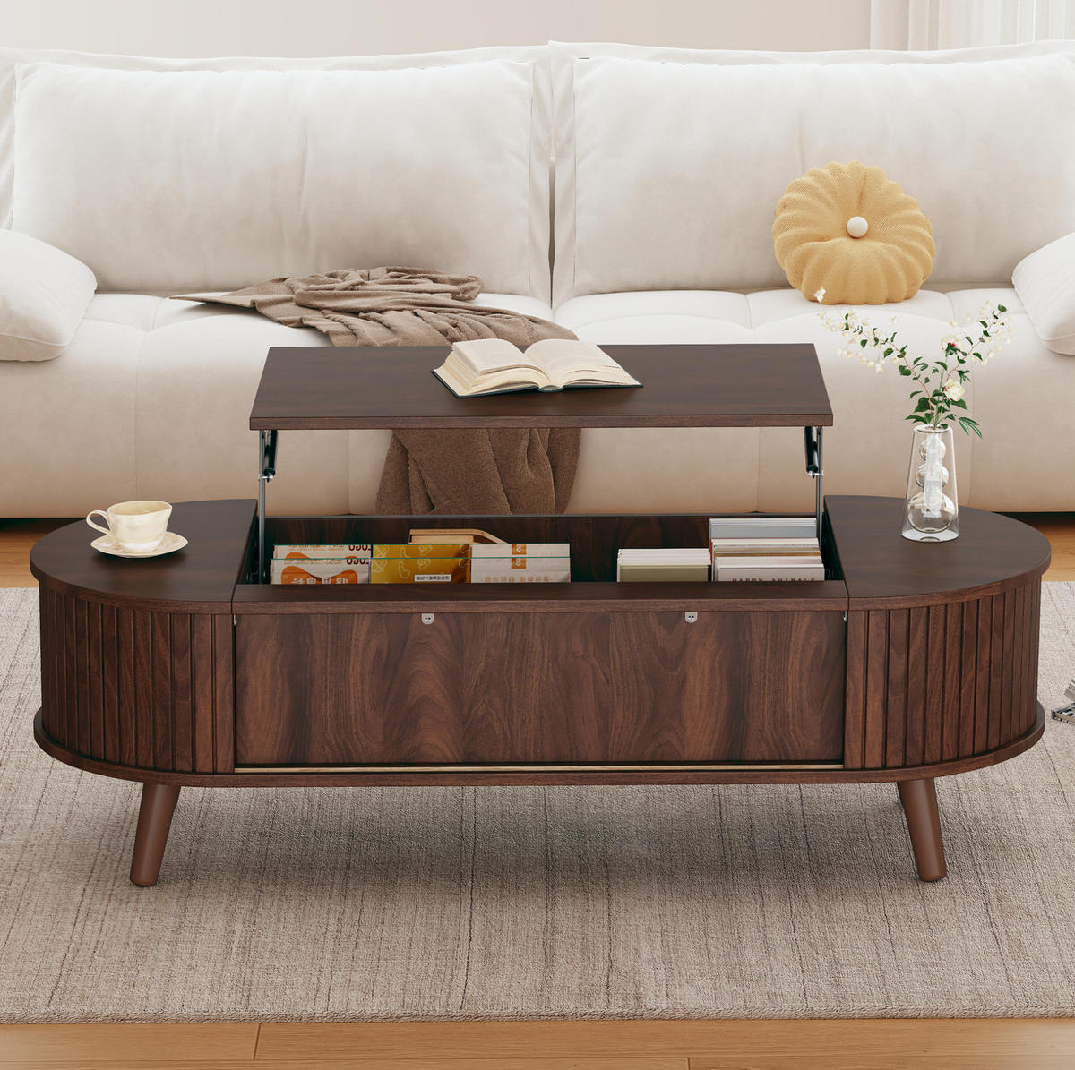 COUCHTISCH 120/50/39,5 cm höhenverstellbar mit verborgenem Stauraum und Rollladenfächern aus MDF/Holz, Nussbaum - Nussbaumfarben, Holzwerkstoff (120/50/39.5cm) - Redom
