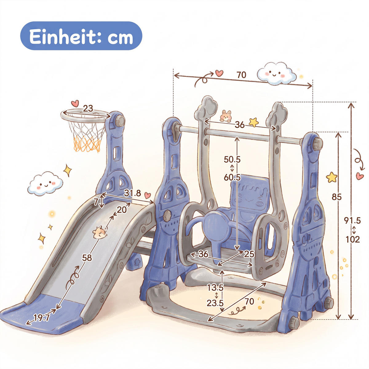 KINDERRUTSCHE 4 in 1 Indoor und Outdoor Babyrutsche mit Basketballkorb, Blau - Blau, Kunststoff (118/102/140cm) - GENKI LIVING
