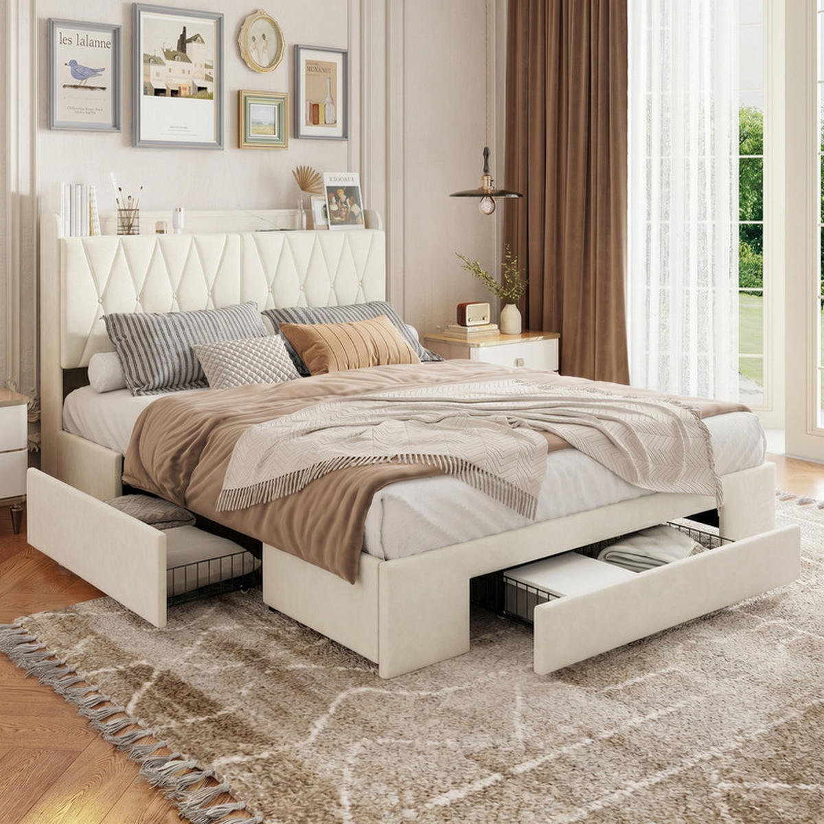 POLSTERBETT 140/200 cm beige mit Schubladen, LED und USB - Beige, Holz