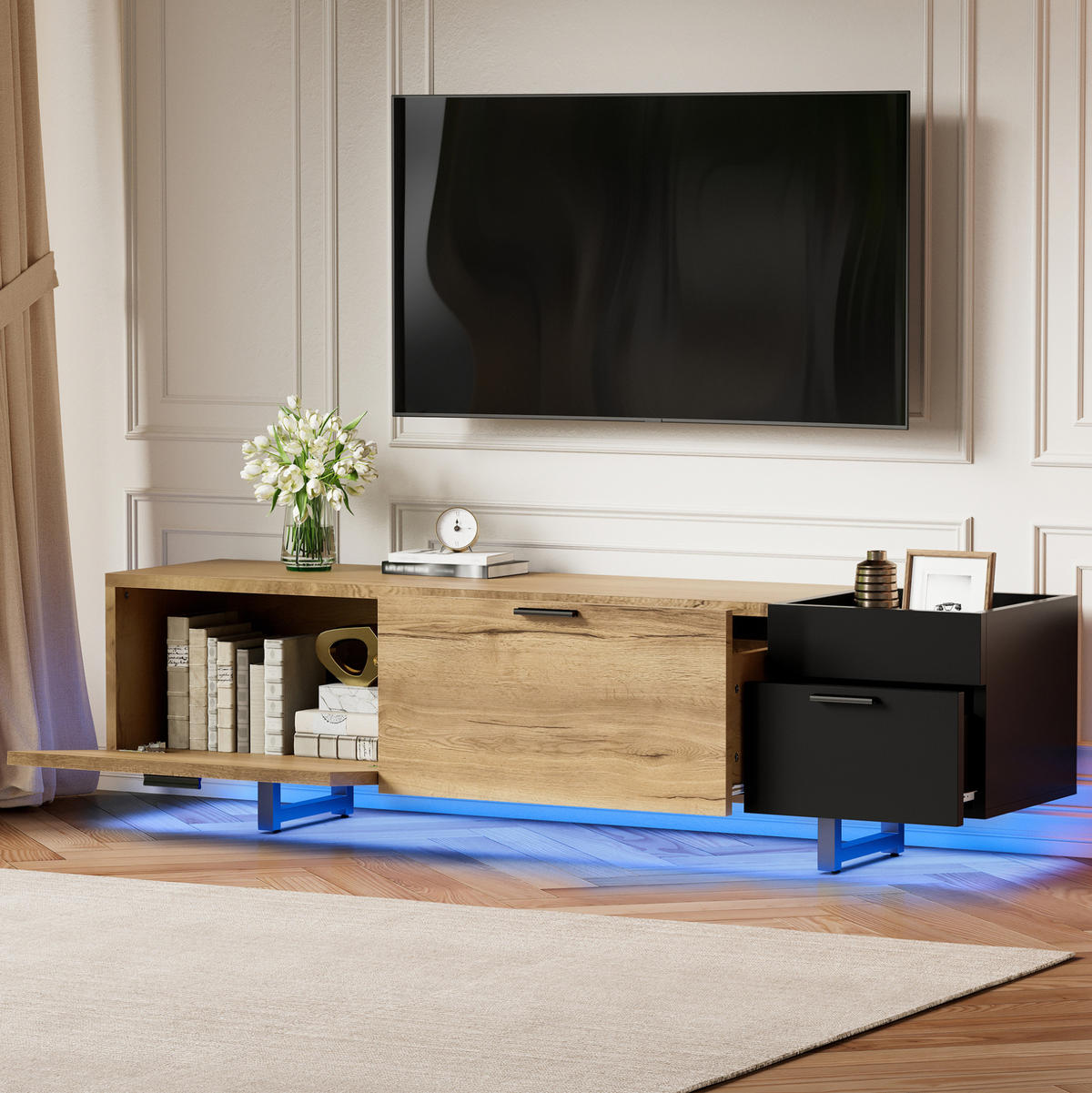TV-SCHRANK aus Holzwerkstoff 180x38x49 cm Naturholz/Schwarz mit LED-Beleuchtung und Schubladen - Schwarz, Holzwerkstoff (180/49/38cm) - Modfu