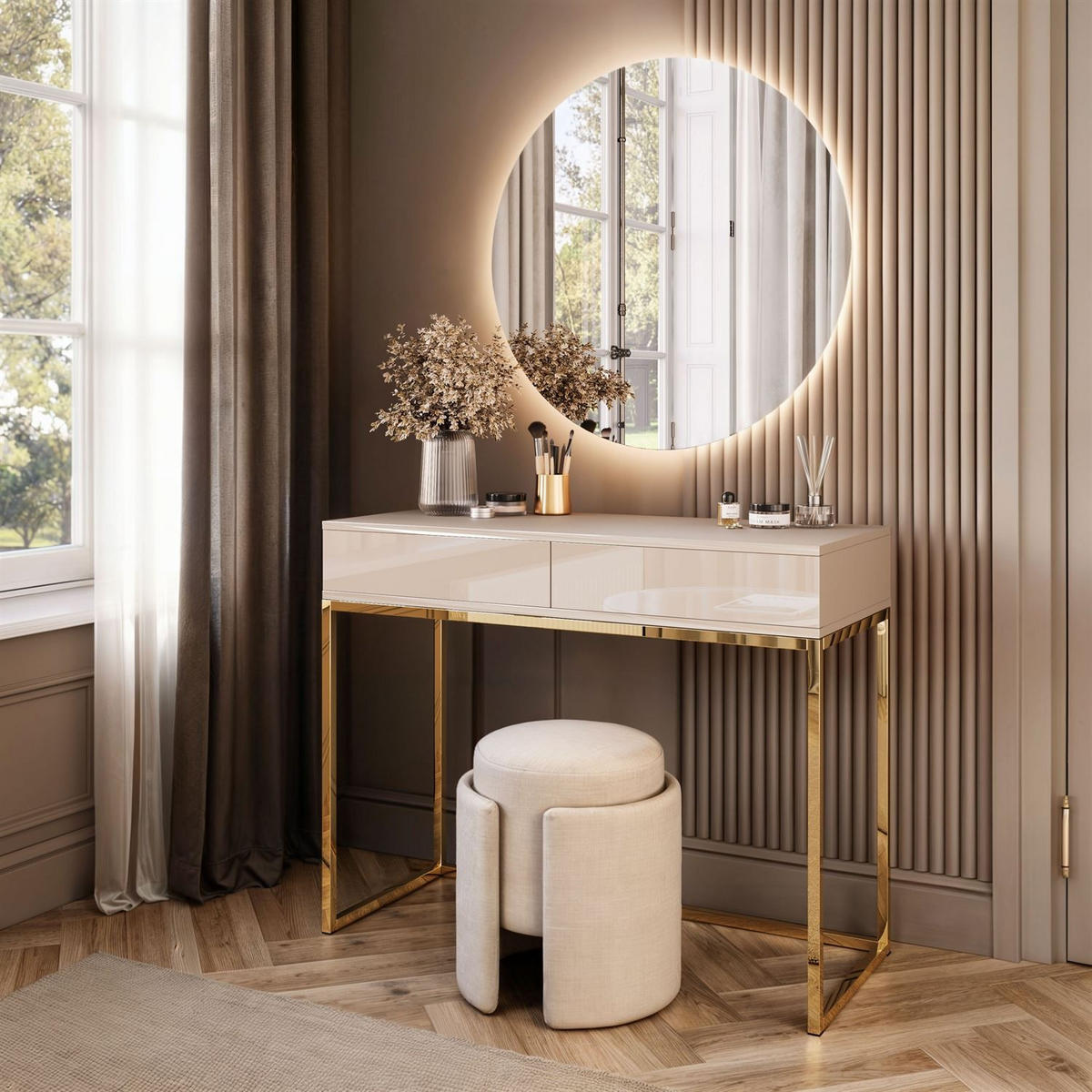 SCHMINKTISCH Blanco Glamour auf goldchrom Gestell mit LED-Spiegel PUSH OPEN - Kaschmir/Goldfarben, Holzwerkstoff (100/81/42cm) - Lookway