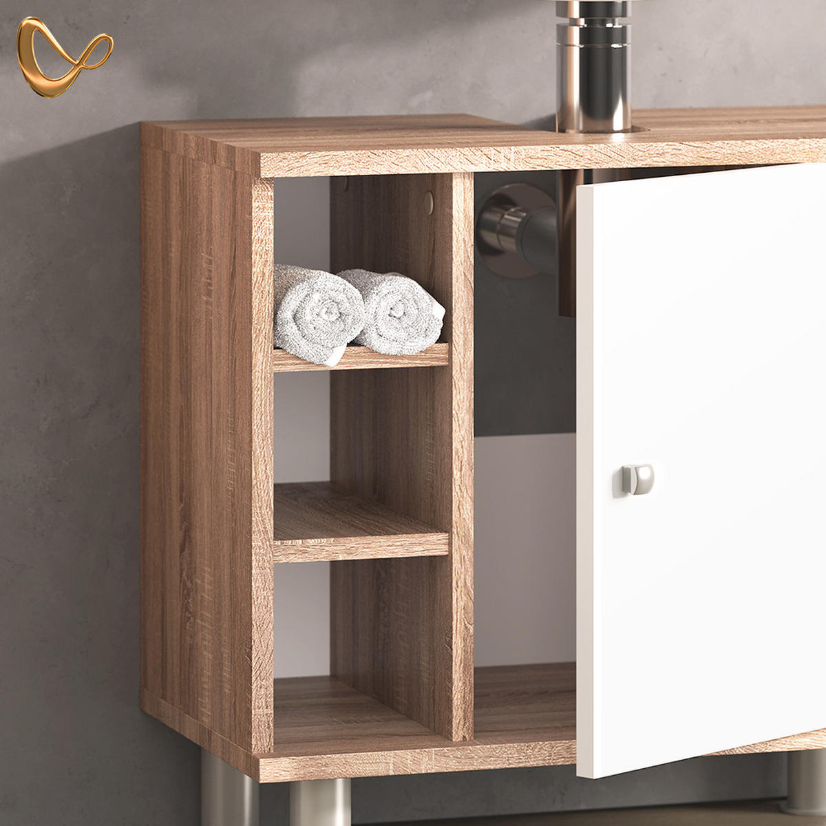BADMÖBEL-SET Fucino Sonoma 3 Teile, mit Hochschrank - Weiß/Sonoma Eiche, Holzwerkstoff (60/54/32cm) - Livinity®