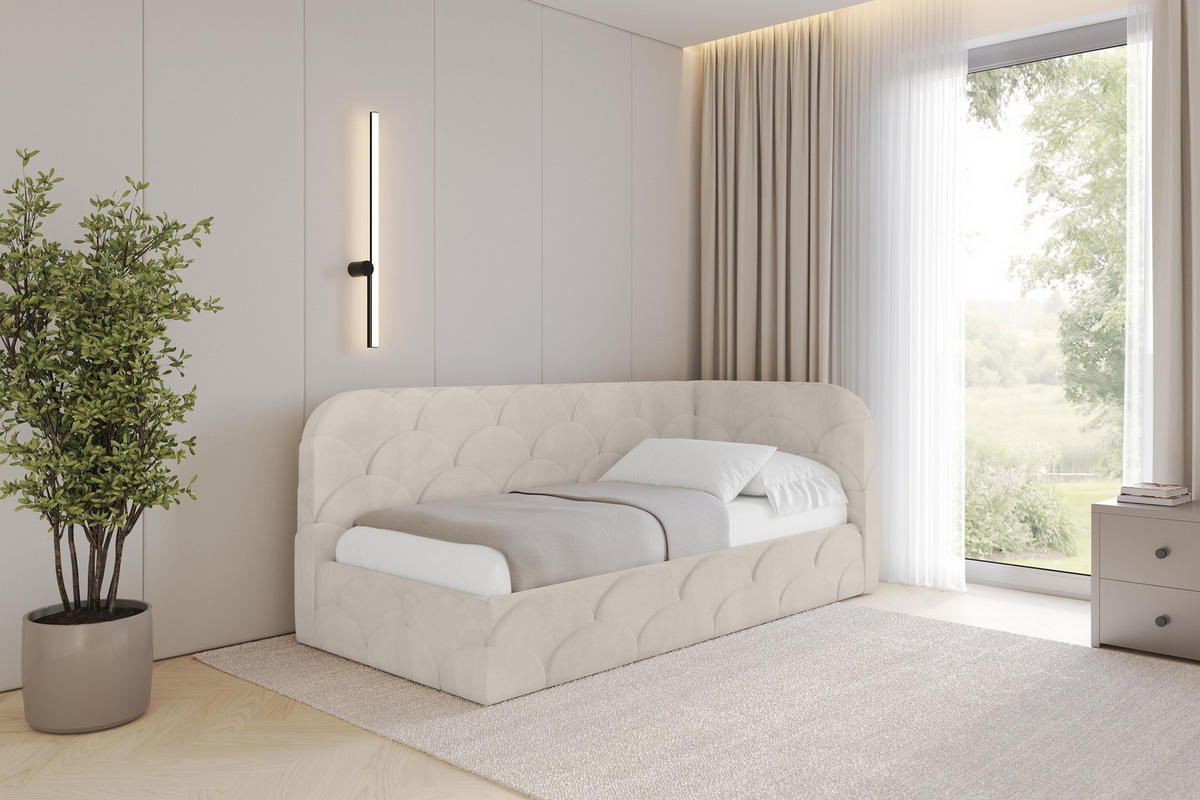EINZELLBETT Jugendbett mit Bettkasten und Matratze H3/H4, Links - ELRY 90x200 Beige - Ecru, Holzwerkstoff/Textil (90/200cm) - ALTDECOR