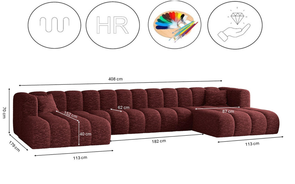 ECKSOFA U-form Grand U XL Stoff Haga Rotwein - Rot, Holz (179/408cm) - Kaiser Möbel