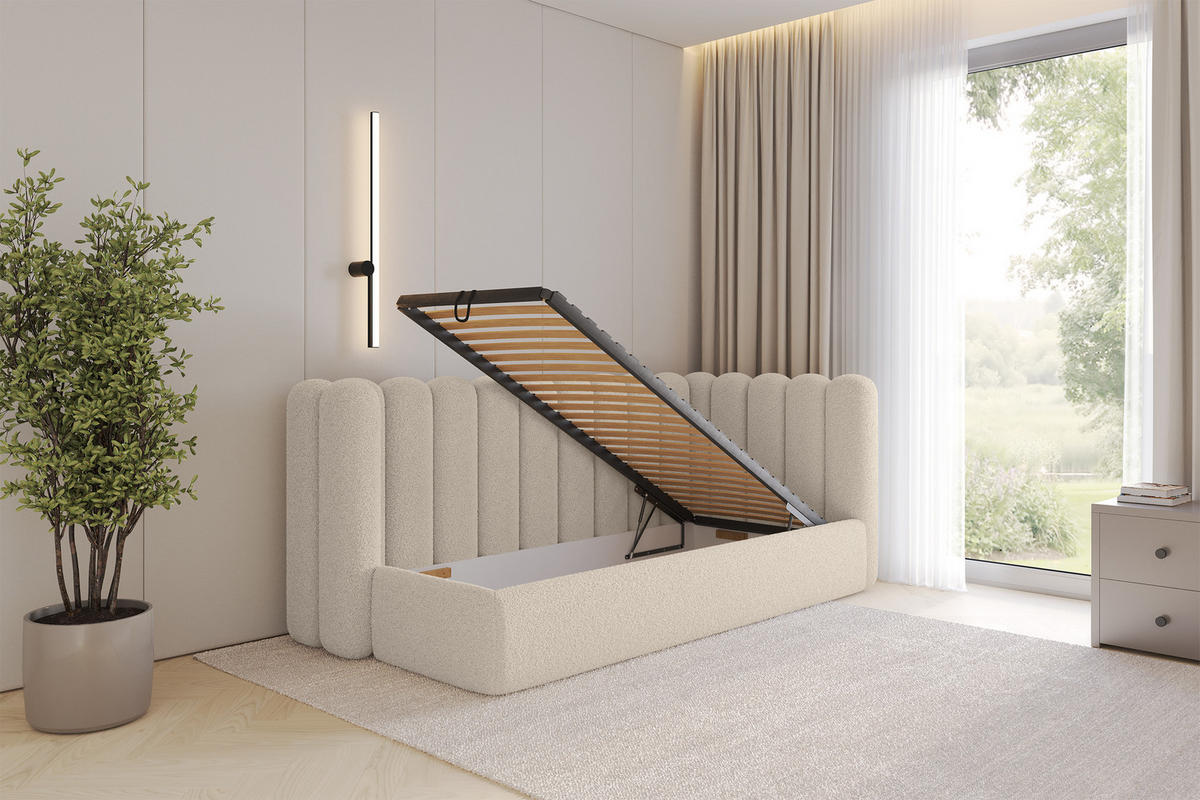 EINZELLBETT Jugendbett mit Bettkasten und Matratze H3/H4, Links - HUGY 100x200 Dunkelbeige - Cappuccino, Holzwerkstoff/Textil (100/200cm) - ALTDECOR