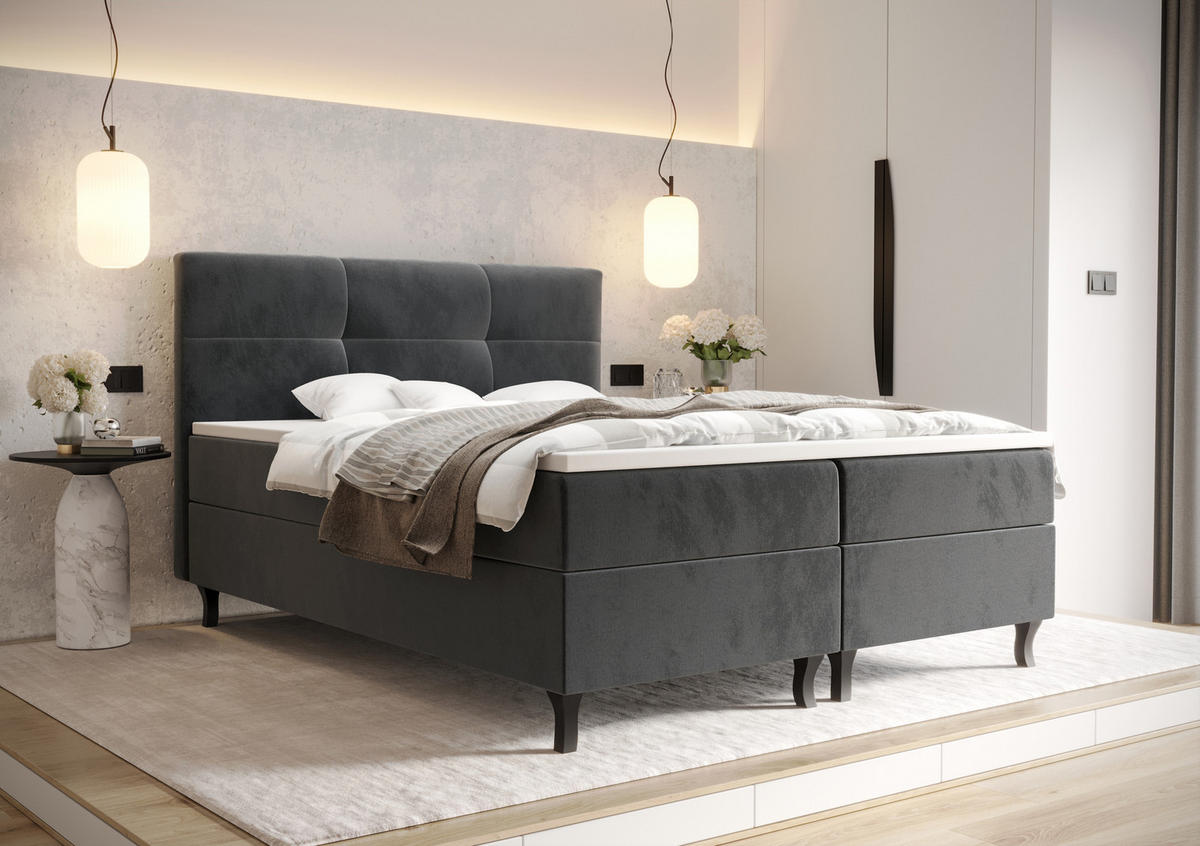 BOXBETT LIMBA mit Matratze H3 und Topper 180x200 Monolith 92 - Grau, Holz/Textil (180/200cm) - Bedante