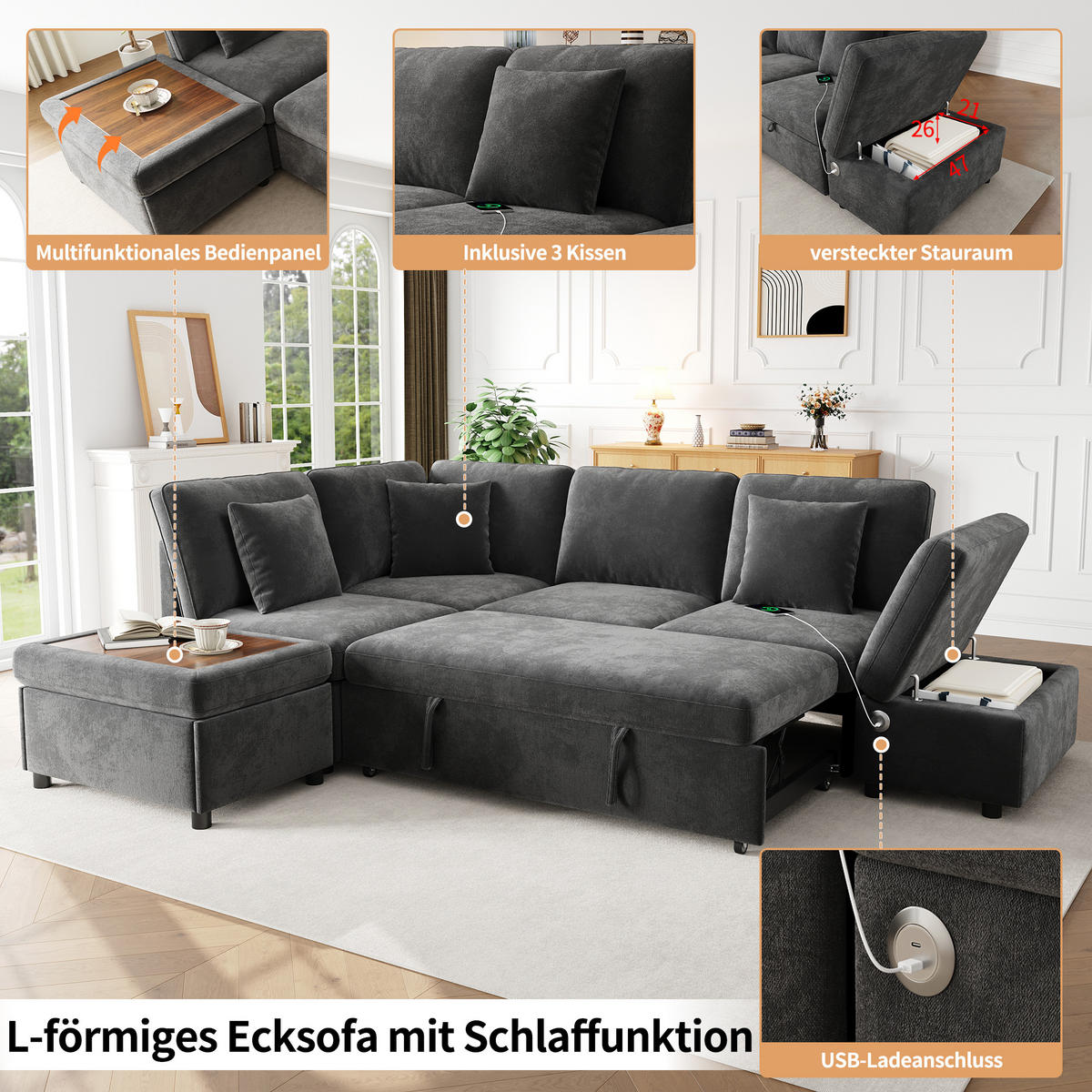 ECKSOFA mit Schlaffunktion Stauraumhocker USB/Type-C Chenille Grau - Grau, Textil (247.5/172cm) - EVRYAE