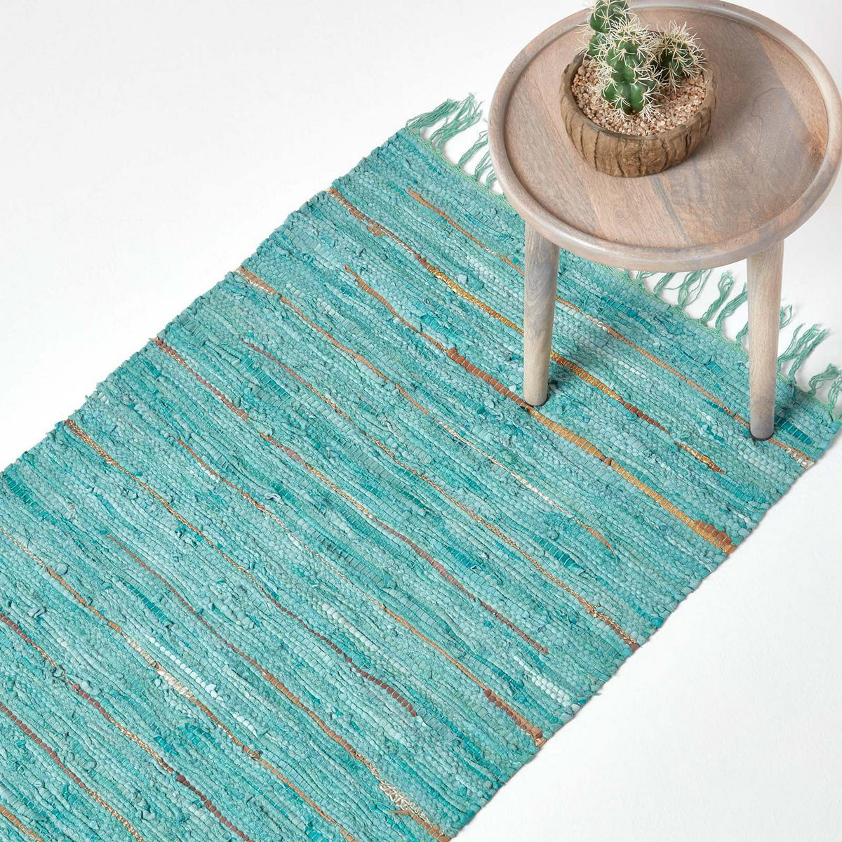 LEDERTEPPICH-LÄUFER Glitter geflochten 66/200 cm - Türkis, Leder (66/200cm) - Homescapes