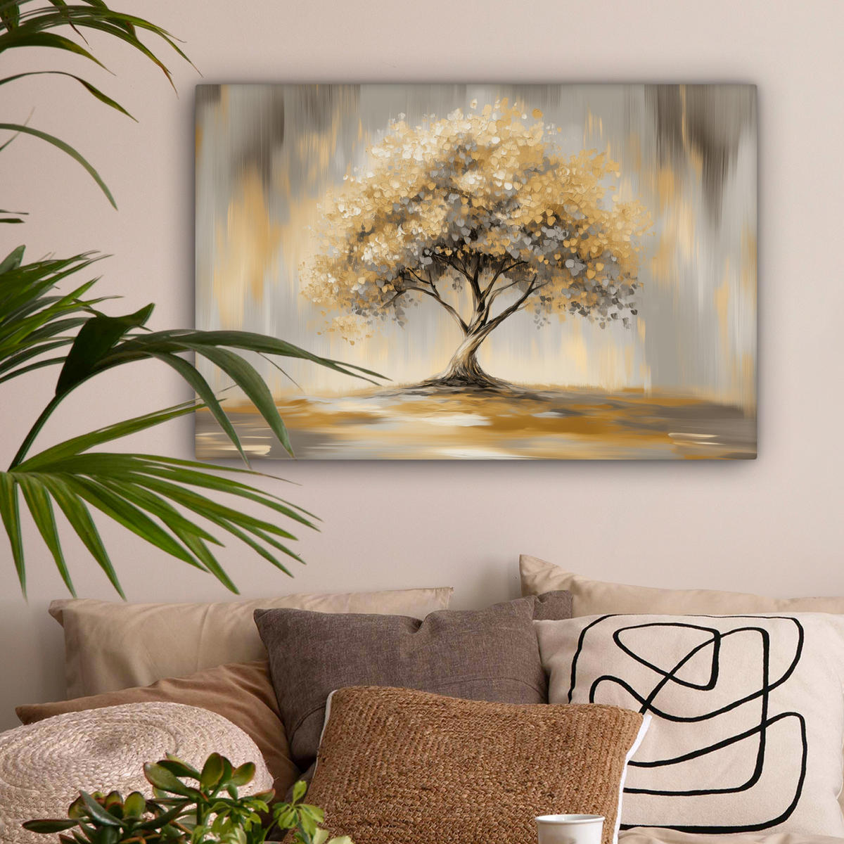 LEINWANDBILD Gemälde - Baum - Abstrakt - Blätter Gemälde 60x40 cm - Beige, Textil (60/40cm) - MuchoWow