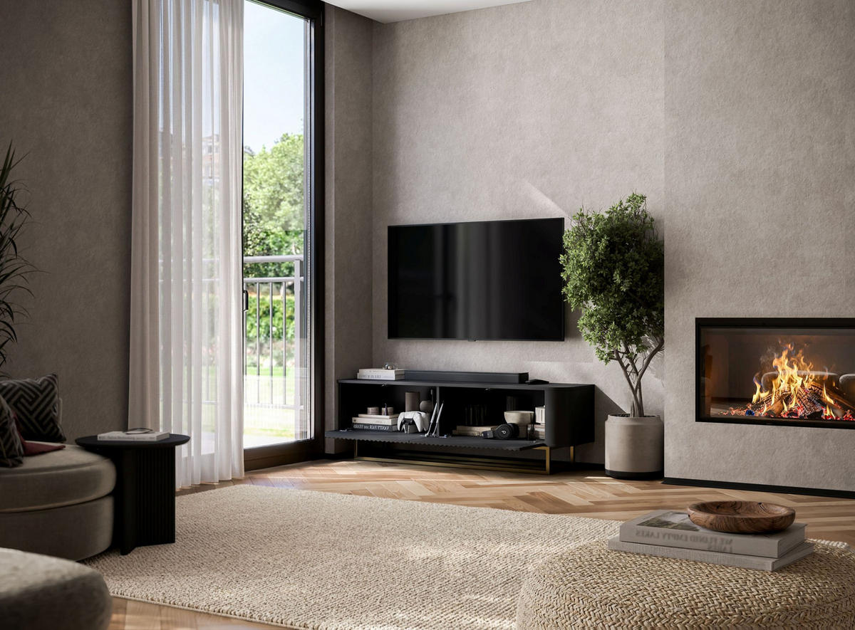 TV STOLÍK Aurora čierny matný 140 cm s kovovým rámom - čierna, kov/kompozitné drevo (140/44/35cm) - Meble Lindner