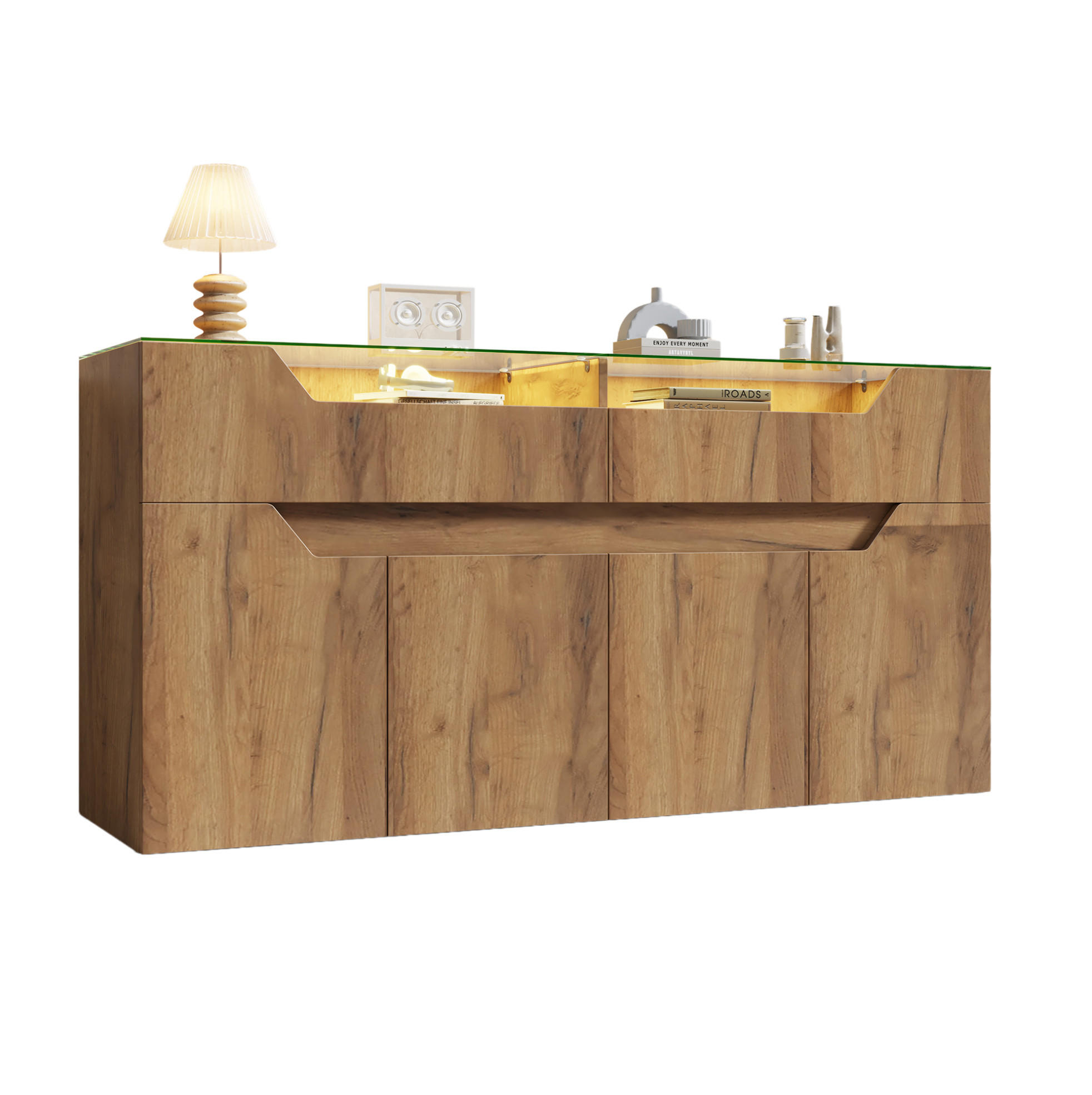 SIDEBOARD 140/40/70 cm natur aus MDF mit Glasplatte und 2 Schubladen - Naturfarben, Holzwerkstoff (140/70/40cm) - OKWISH