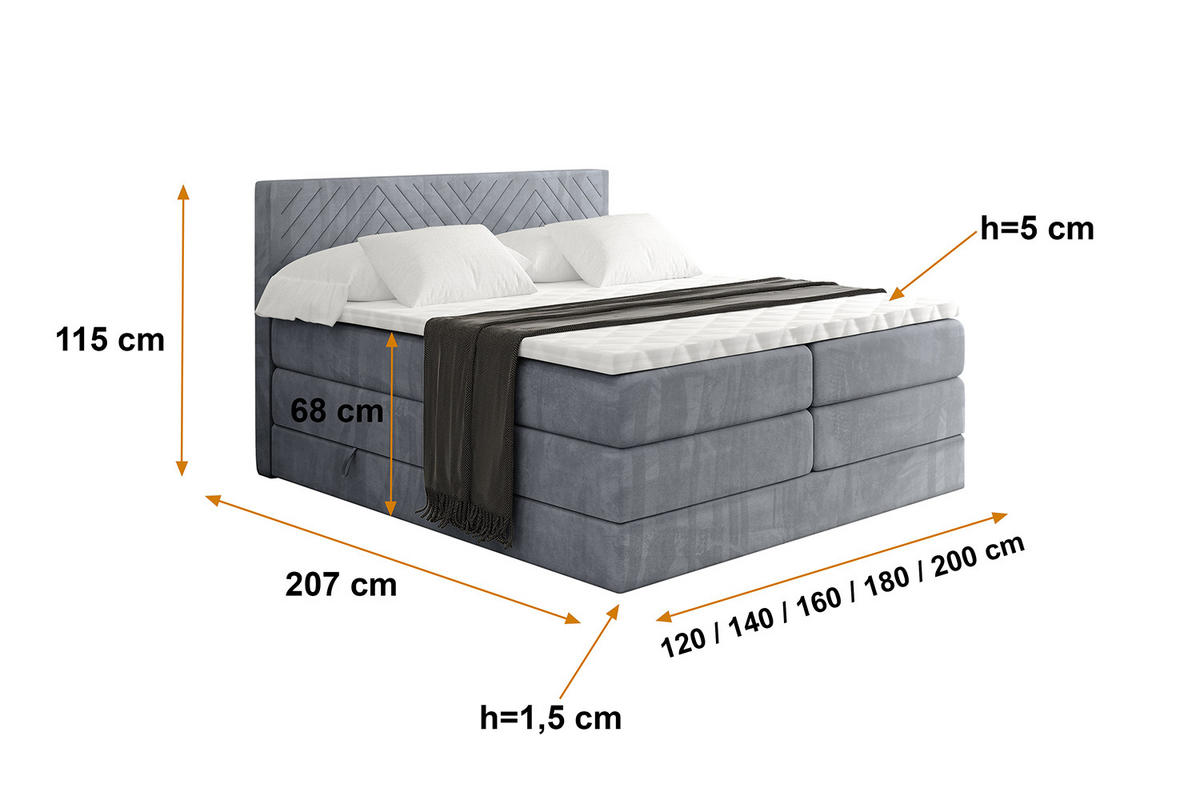 BOXSPRINGBETT mit Matratze H3|H4 und Lattenrost - VEXA KING-160x200 - Grau Casablanca - Grau, Holzwerkstoff (160/200cm) - ALTDECOR