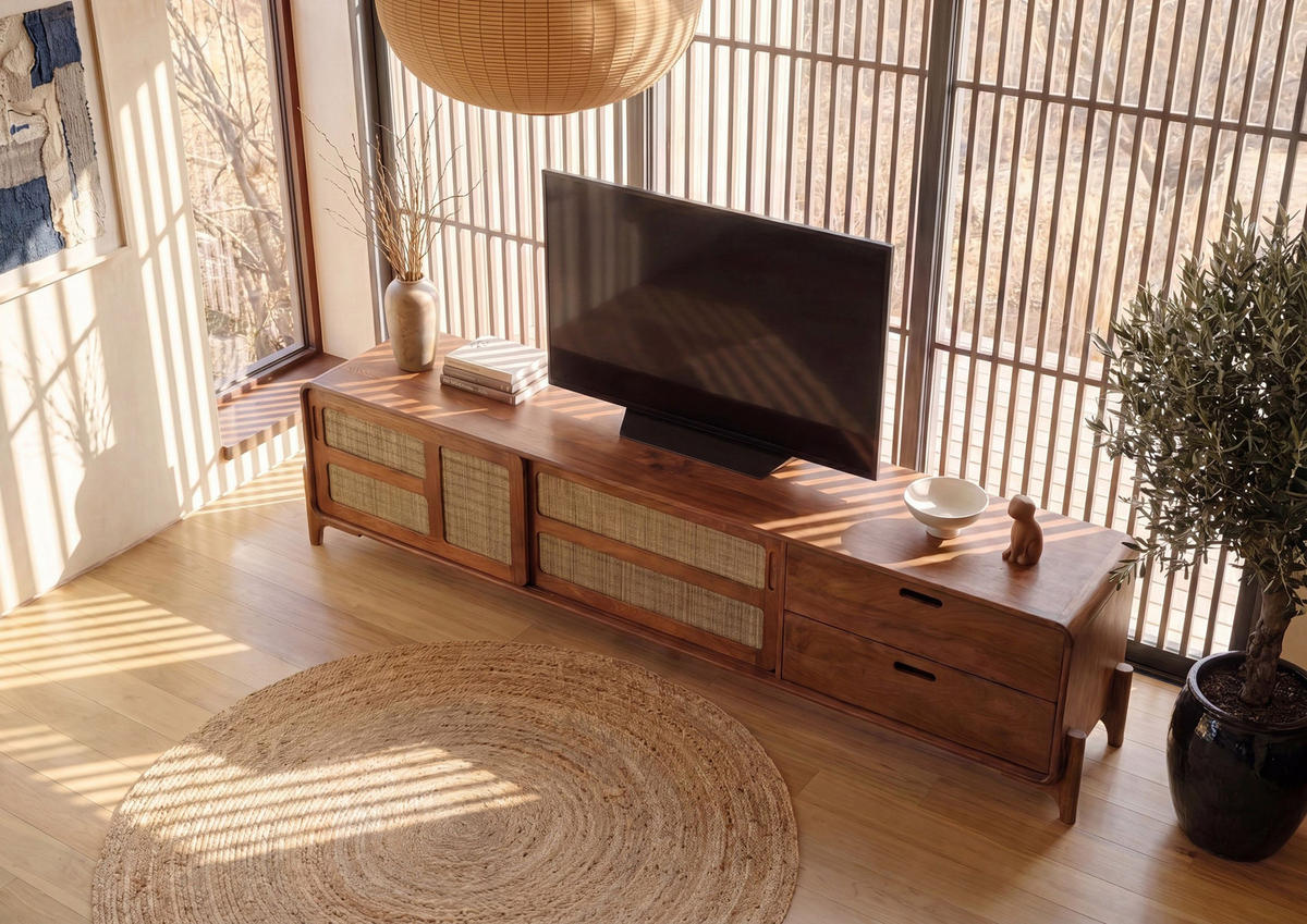 TV-BOARD Mango/Seegras 220x40x50 hellbraun lackiert MIZUMI #105 - Braun, Holz (220/50/40cm) - Massivmoebel24