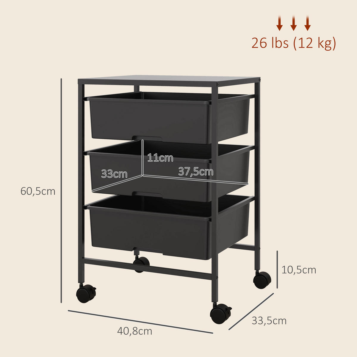 ROLLWAGEN, Servierwagen mit 3 Etagen, 40,8 x 33,5 x 60,5 cm, Schwarz - Schwarz, Metall (40.8/60.5/33.5cm) - HOMCOM