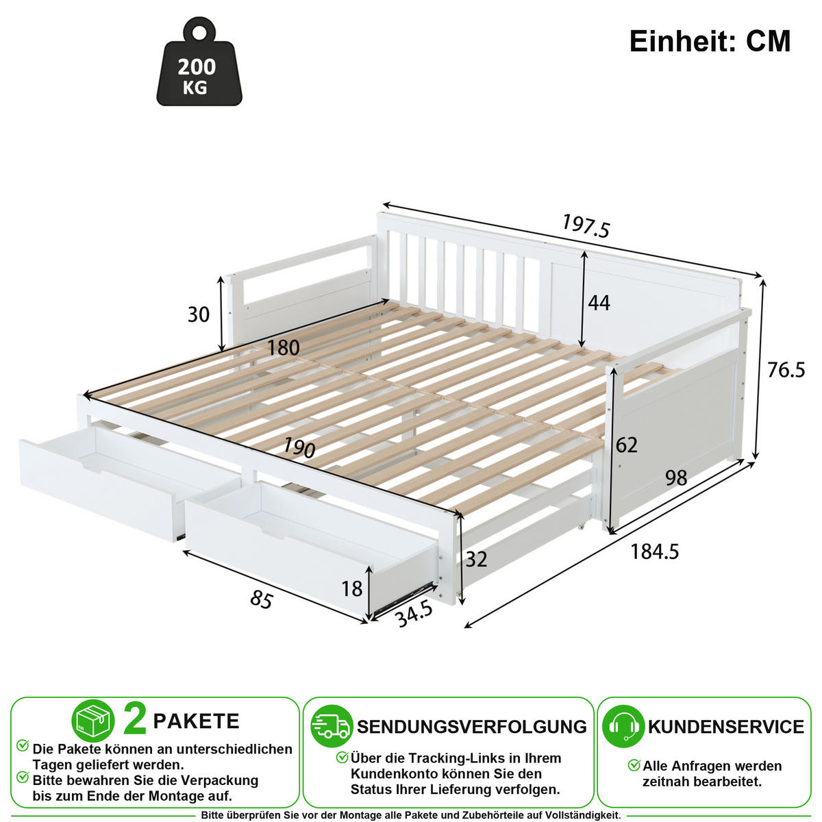 KINDERBETT 90/190 cm & 90/190 cm in Weiß mit Schubladen und Ausziehbett - Weiß, Holz/Holzwerkstoff (90/190cm) - CHICFURN
