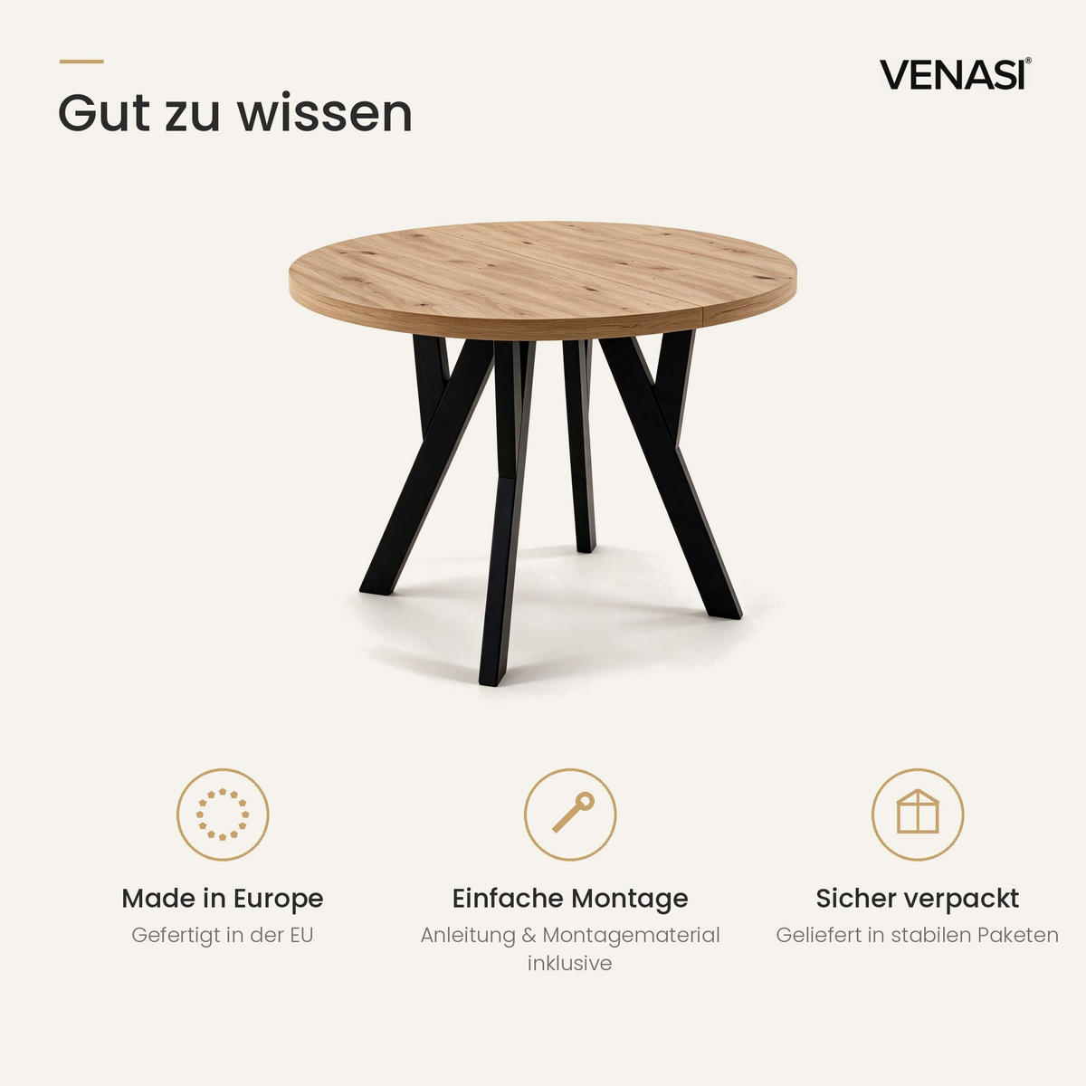 ESSTISCH ausziehbar rund 90-190 cm ATO Aristan, Auszugstisch mit Einlegeplatte - Dunkelbraun/Schwarz, Holzwerkstoff (90/90/77cm) - VENASI MÖBEL
